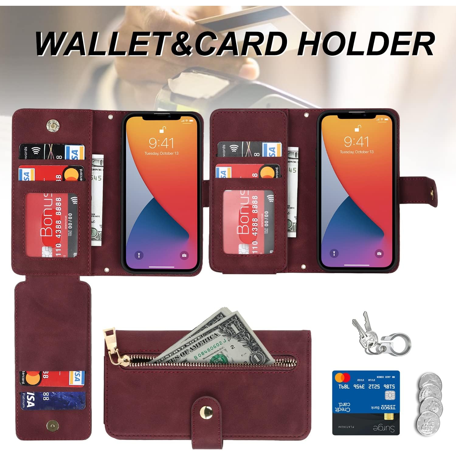 for iPhone 13 Mini Wallet Case with Card Holder, Adjustable Crossbody Lanyard PU Leather Kickstand Card