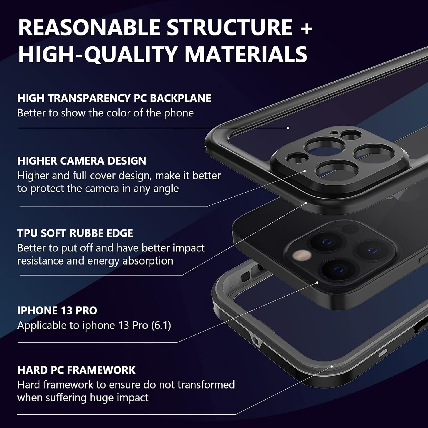 for iPhone 13 Pro Waterproof Case,IP68 Snorkelling Protector Case Full Body Seal Slim Shockproof Snowproof Underwater