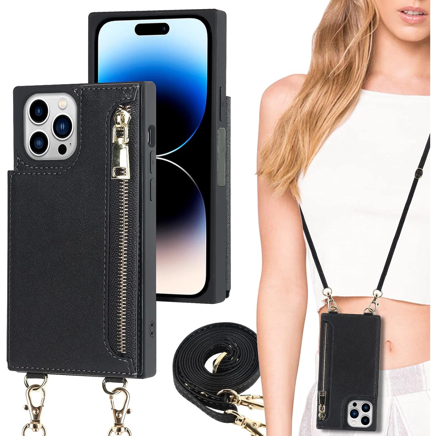 for iPhone 14 Pro Crossbody Wallet Case with Card Holder,[3 Card Slots][1 Zipper Pocket][Stand Feature] Premium