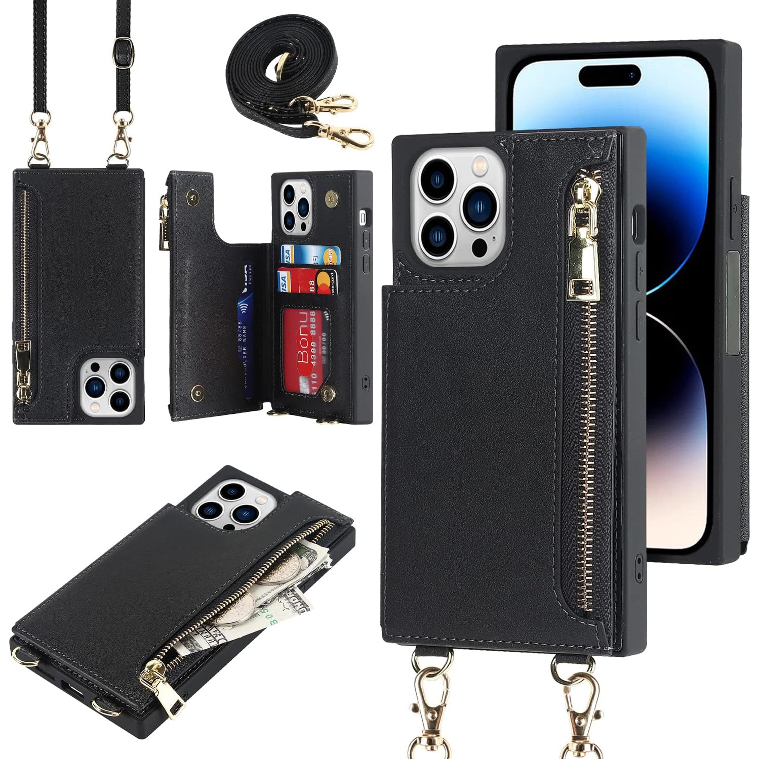 for iPhone 14 Pro Crossbody Wallet Case with Card Holder,[3 Card Slots][1 Zipper Pocket][Stand Feature] Premium