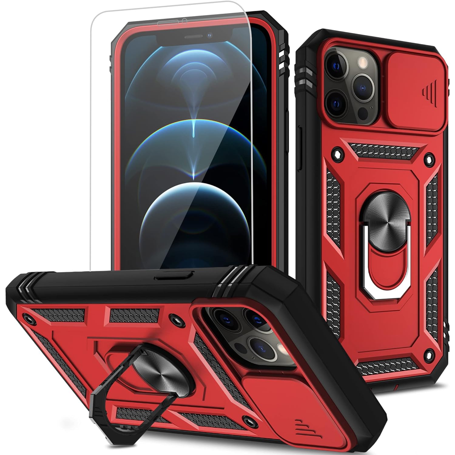 iPhone 12 Case with Screen Protector & Slide Camera Cover, iPhone 12 Pro Case with Card Holder Built-in 360°