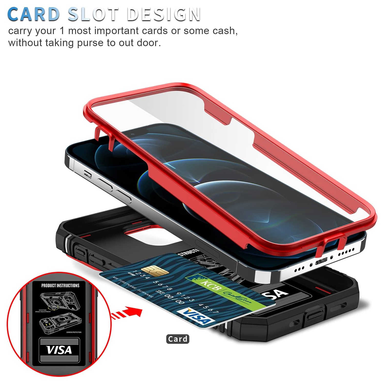 iPhone 12 Case with Screen Protector & Slide Camera Cover, iPhone 12 Pro Case with Card Holder Built-in 360°