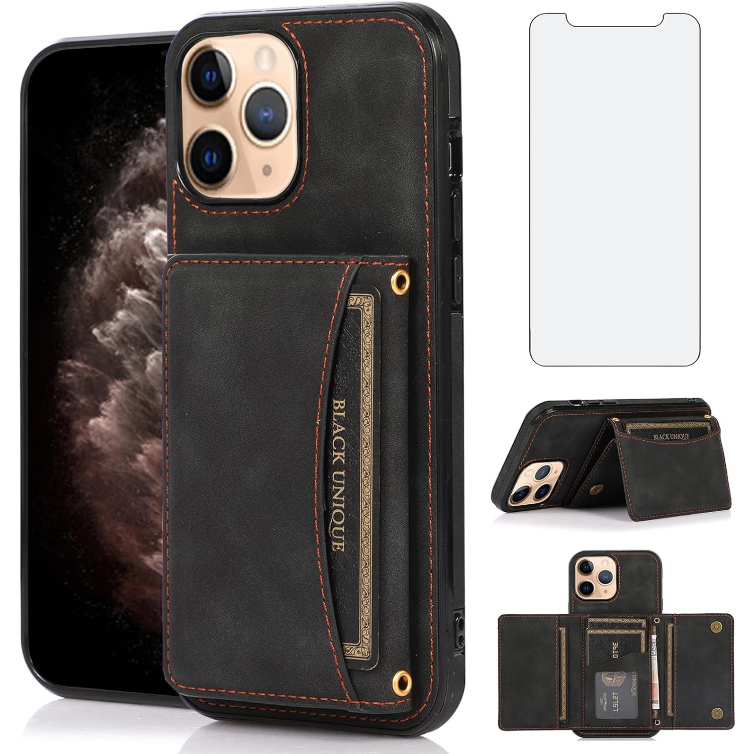 Étui de téléphone pour iPhone 11 Pro Max 6,5 avec protecteur d'écran en verre trempé et crédit en cuir de polyuréthane