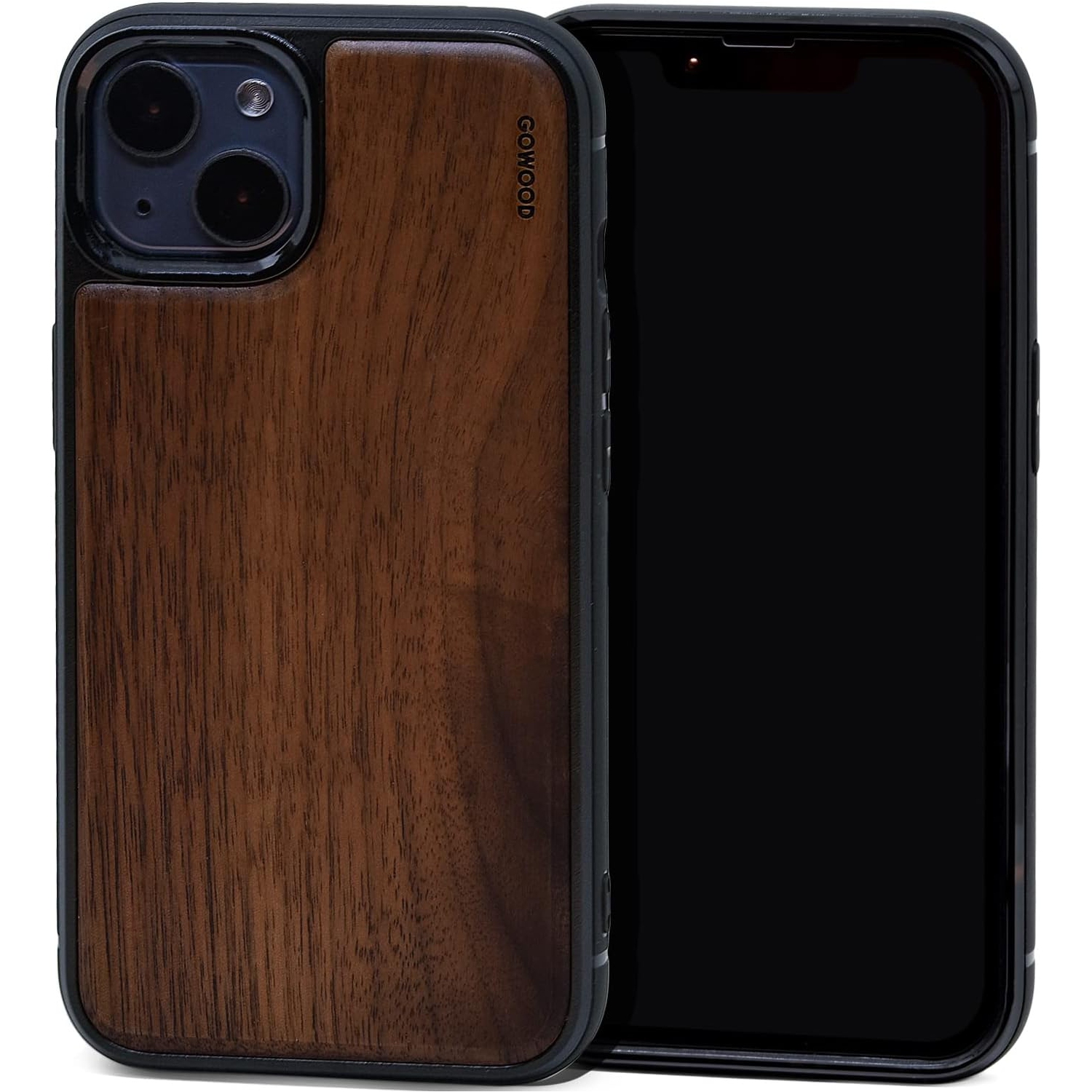 Wood Case for iPhone 13 Mini with Shock Absorbing Anti-Slip TPU Bumper and Walnut Wood Backside