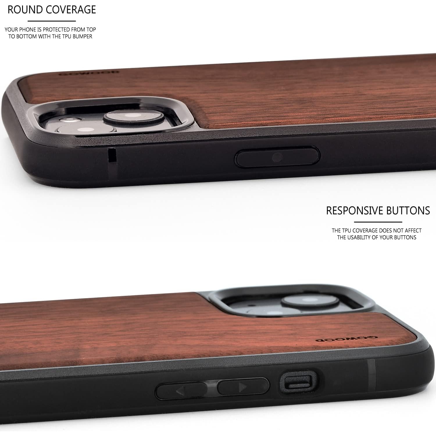 Wood Case for iPhone 13 Mini with Shock Absorbing Anti-Slip TPU Bumper and Walnut Wood Backside