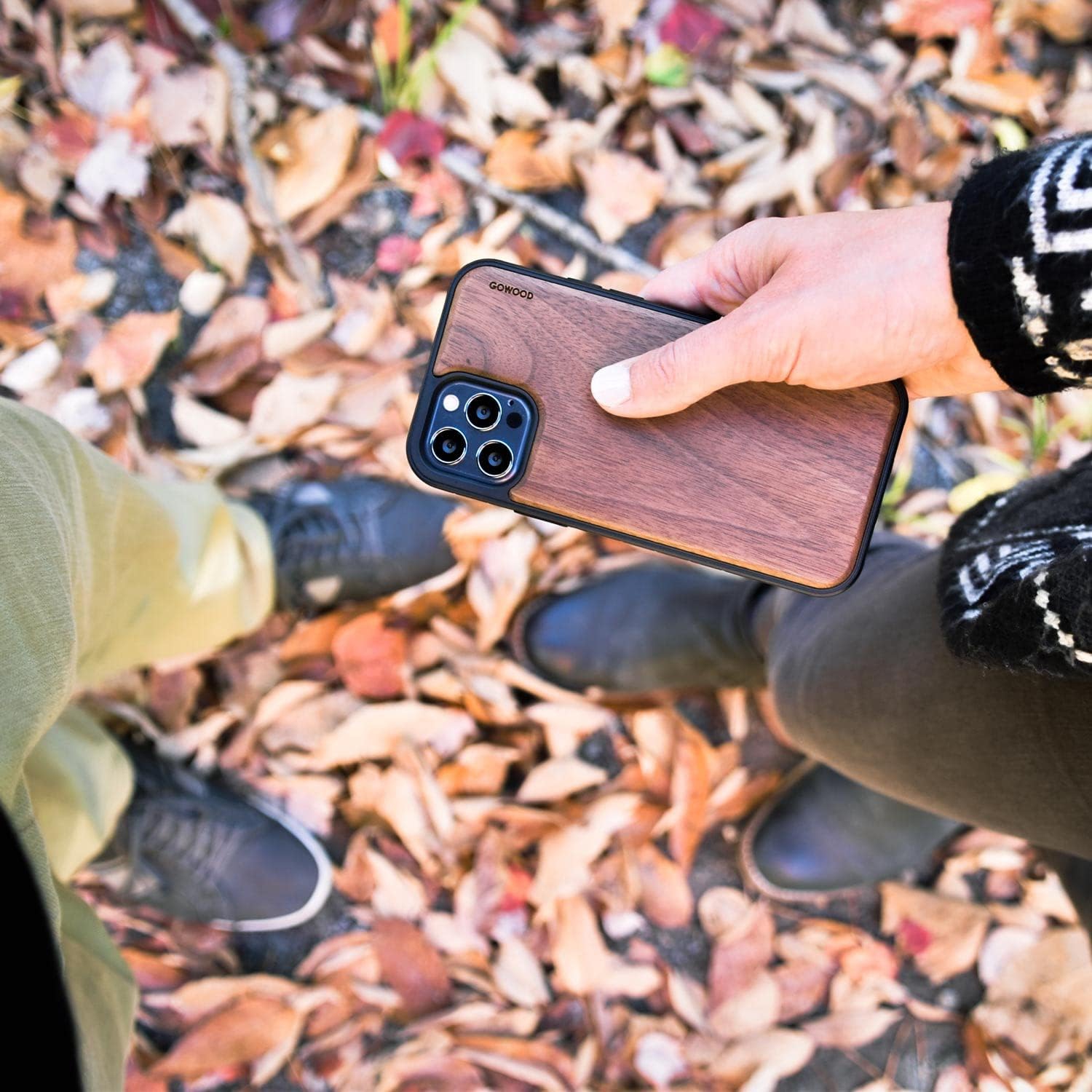 Wood Case for iPhone 13 Mini with Shock Absorbing Anti-Slip TPU Bumper and Walnut Wood Backside