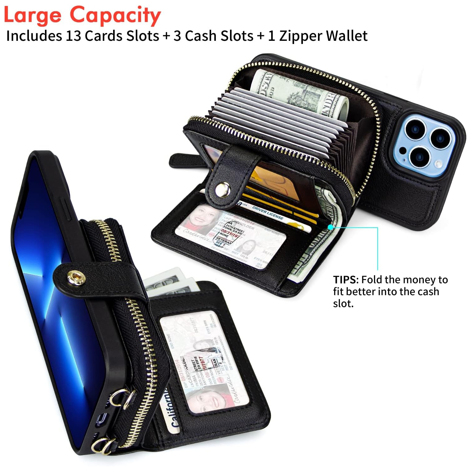 Designed for iPhone 13 Pro Max Case Wallet with RFID Blocking Card Holder, Magnetic Detachable Lanyard Strap