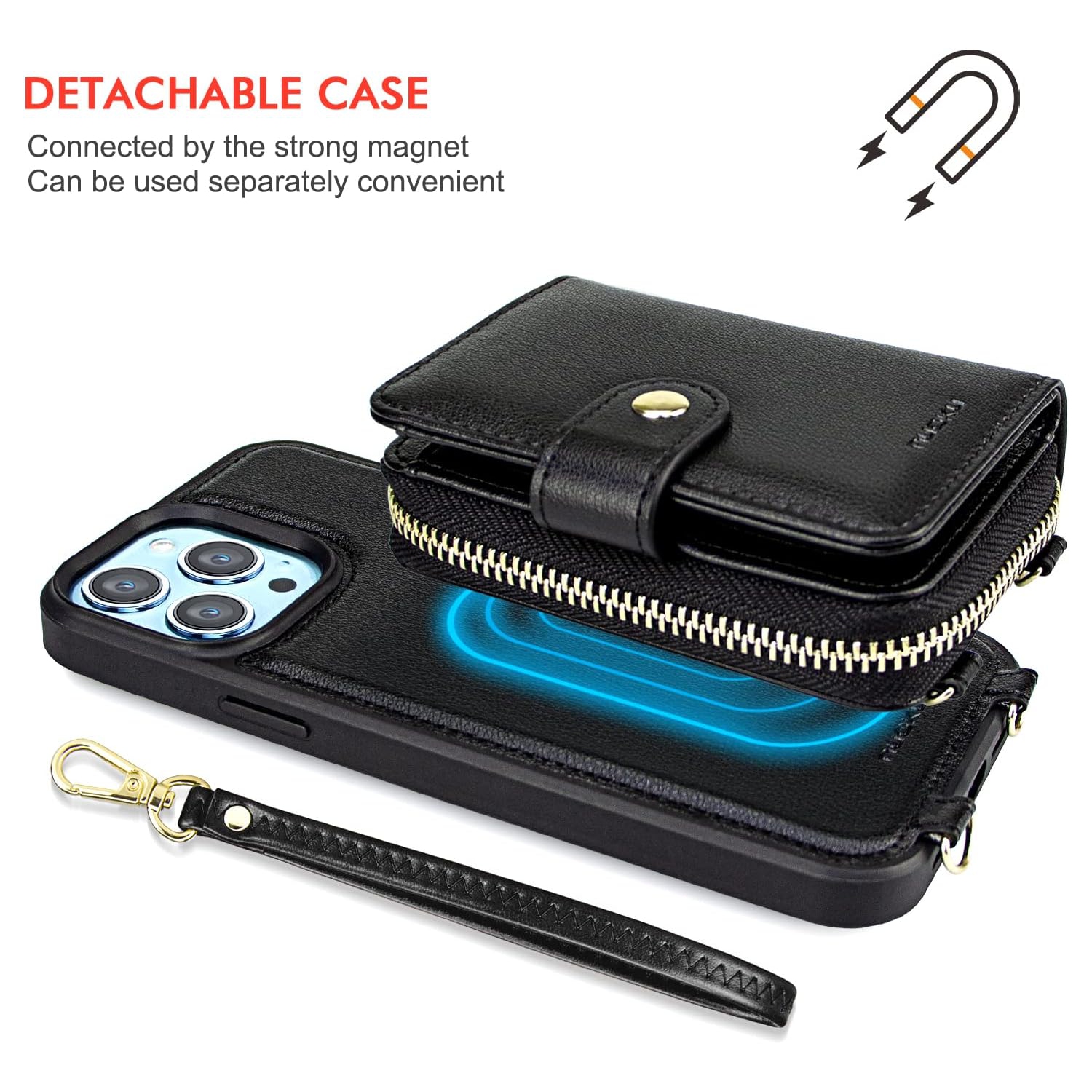 Designed for iPhone 13 Pro Max Case Wallet with RFID Blocking Card Holder, Magnetic Detachable Lanyard Strap
