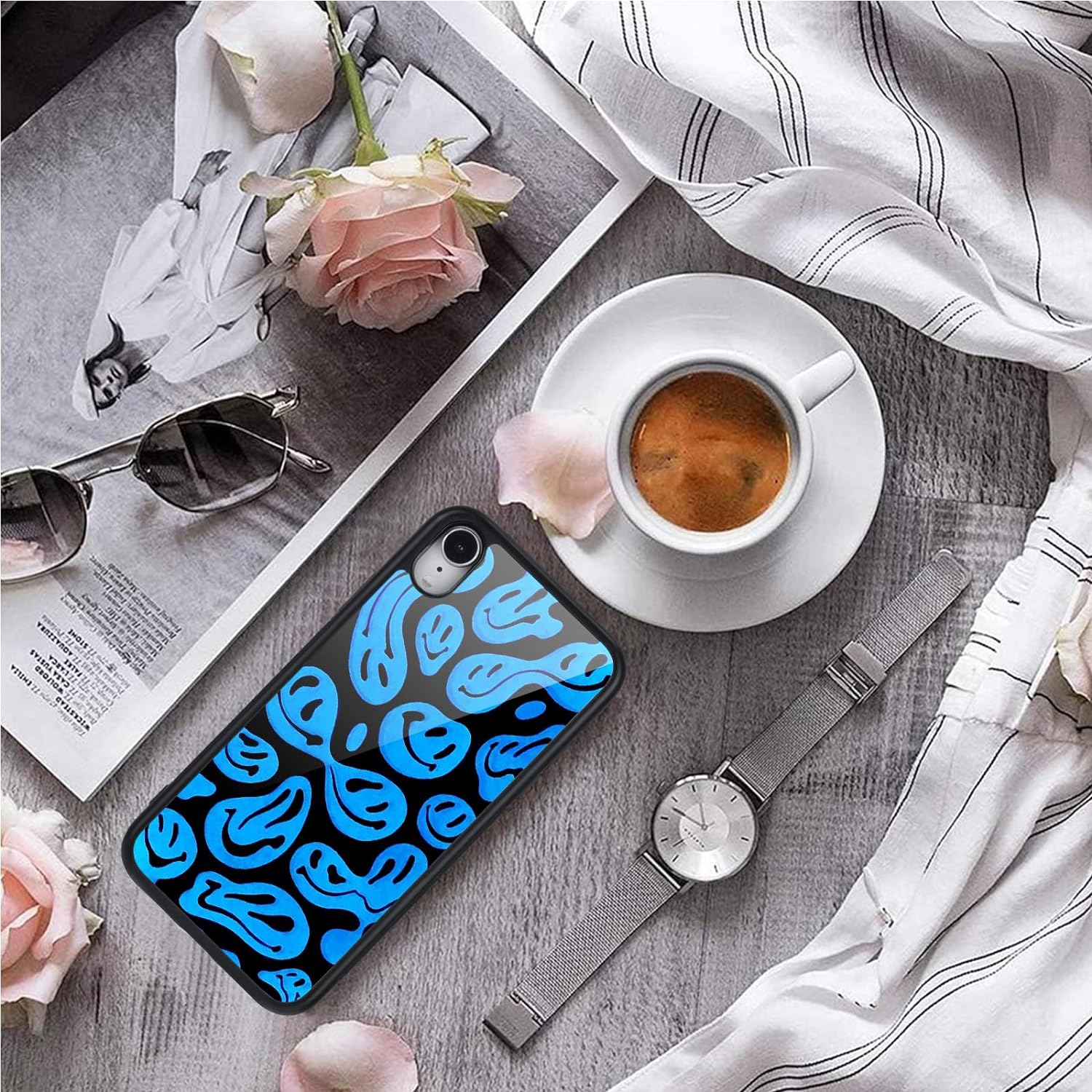 for iPhone XR Case Blue Funny Face, Hard Back Case with Soft TPU Bumper for Girls Children Women Protective
