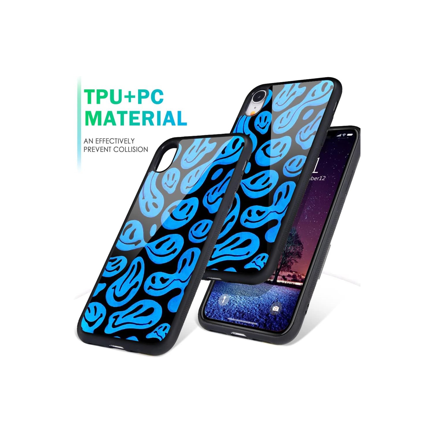 for iPhone XR Case Blue Funny Face, Hard Back Case with Soft TPU Bumper for Girls Children Women Protective