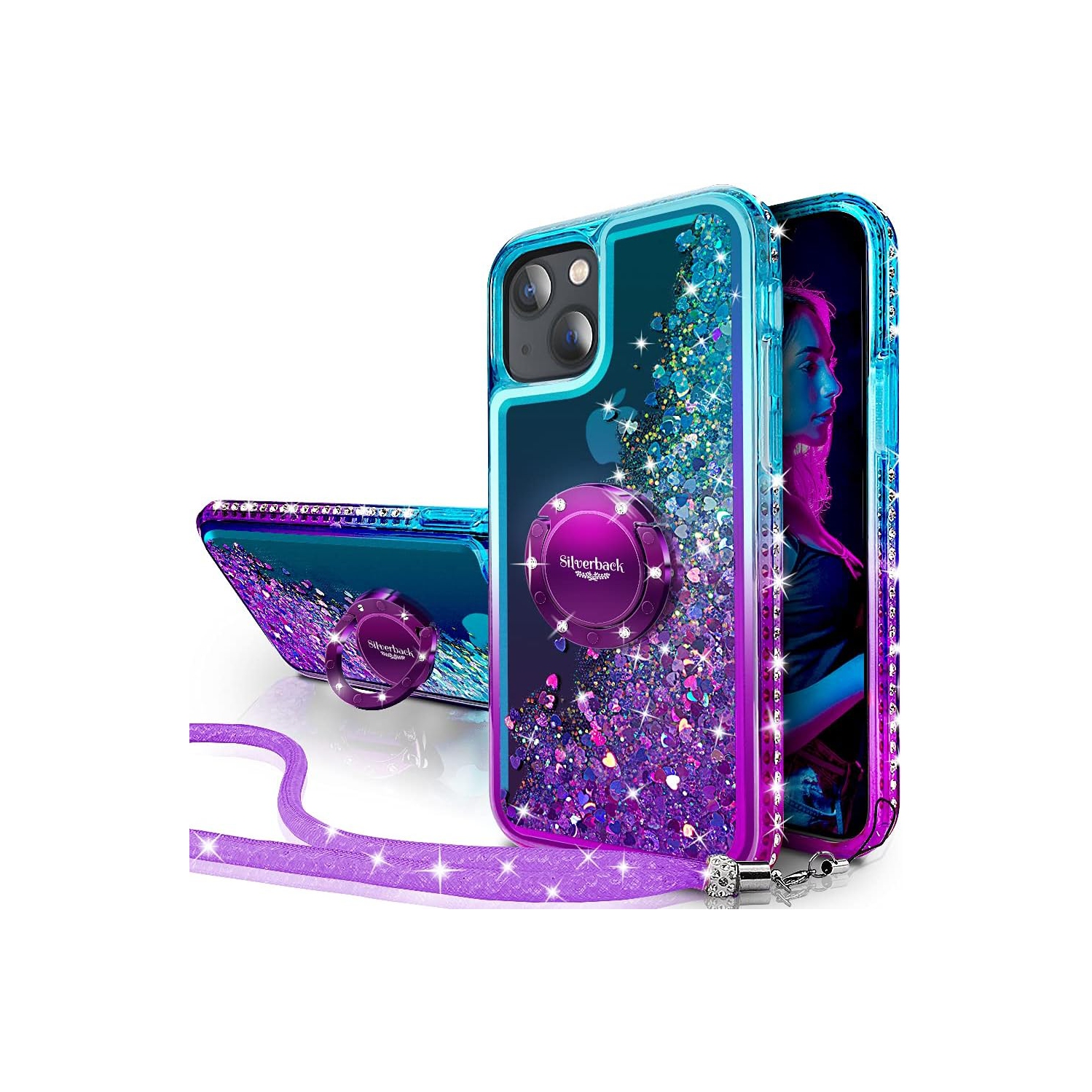 for iPhone 13 Mini Case with Ring Stand, Women Girls Bling Holographic Sparkle Glitter Cute Cover, Diamond