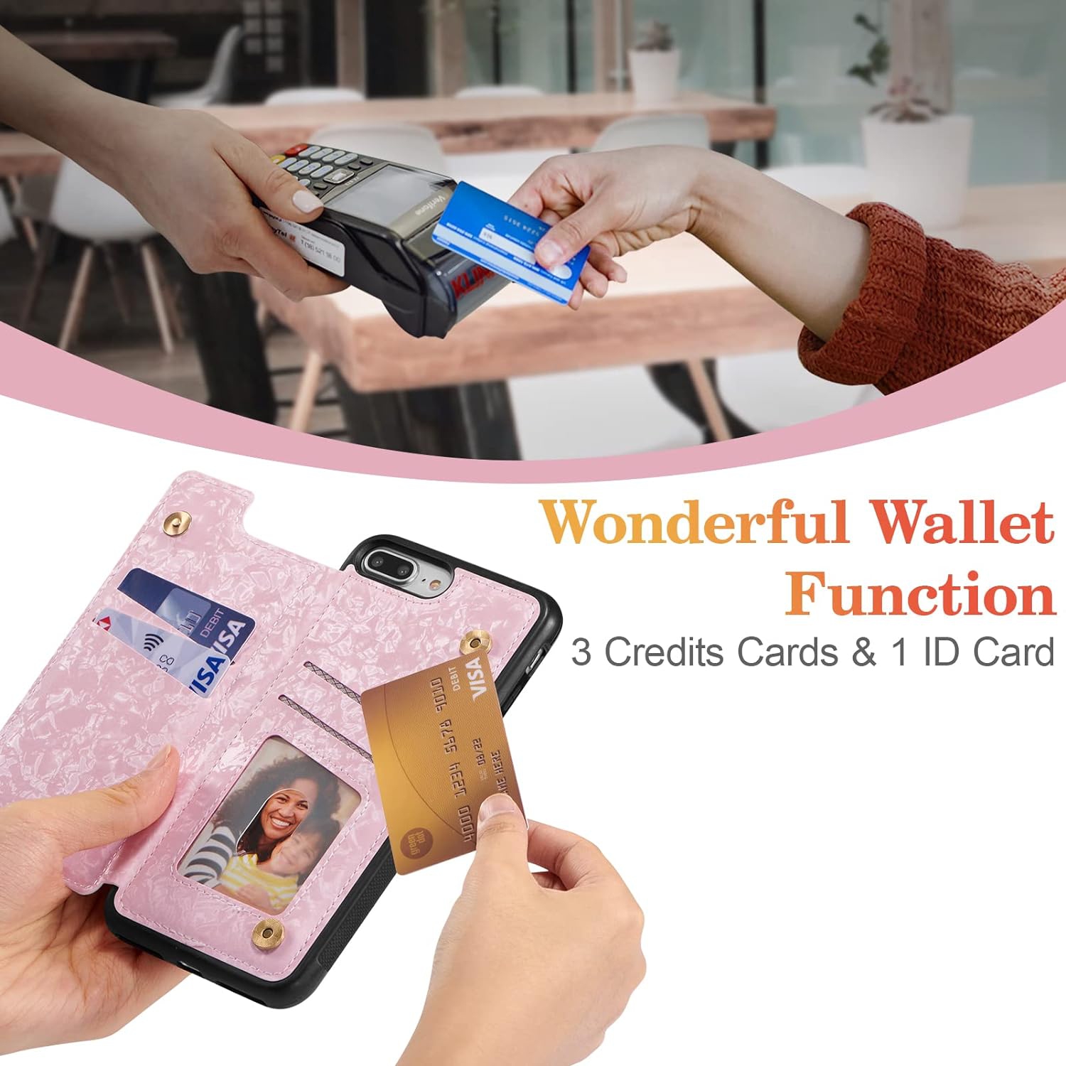 Étui portefeuille pour iPhone 7 plus/iPhone 8 plus avec porte-cartes, béquille en cuir de polyuréthane avec blocage RFID double