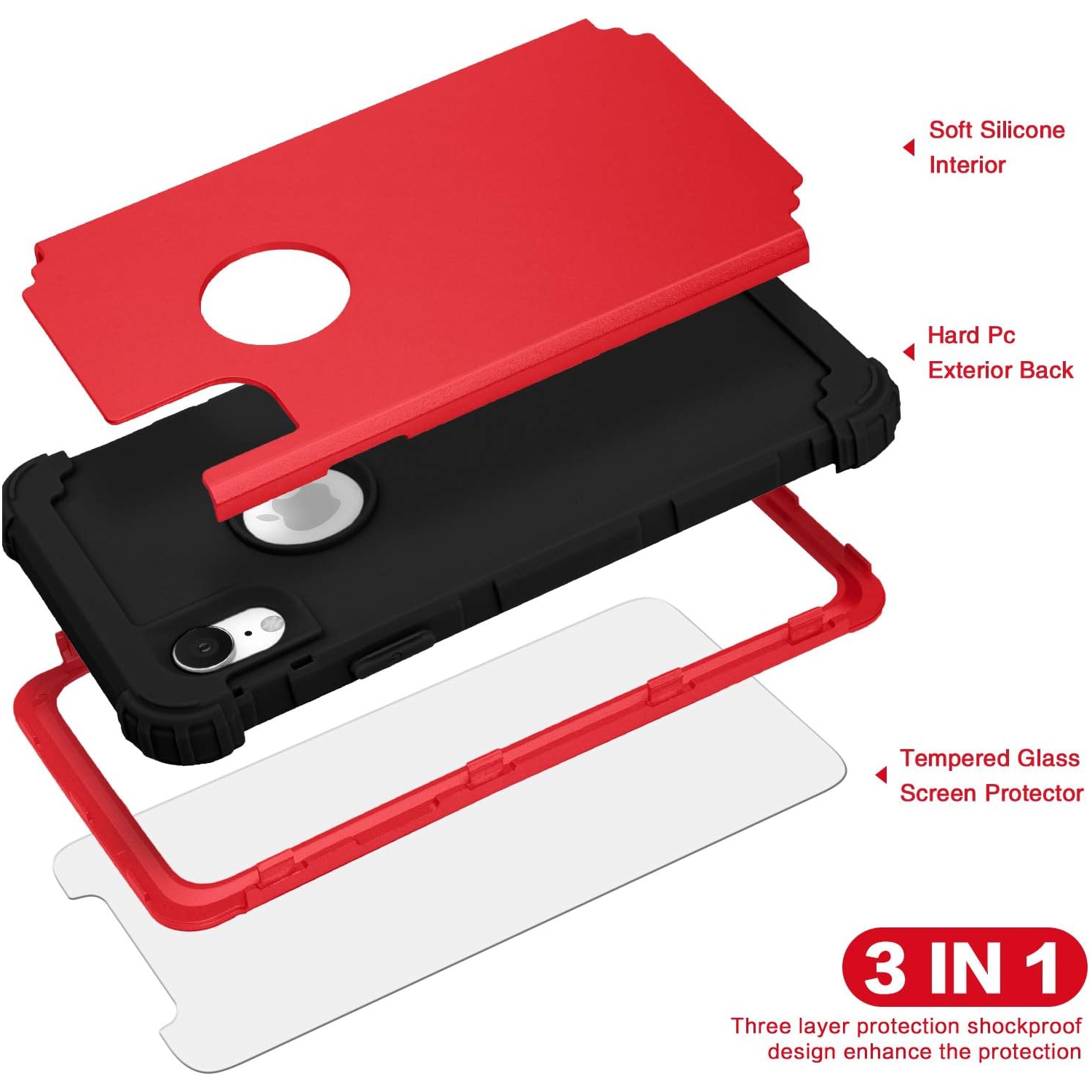 iPhone XR Case, iPhone XR Case with Tempered Glass Screen Protector, 3 in 1 Shockproof Slim Hybrid Heavy Duty