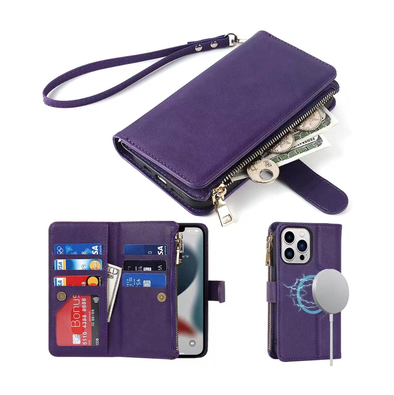 etui iPhone 12 Case Wallet Magsafe Compatible,iPhone 12 pro Phone case with Card Holder,Magnetic Zipper Wallet
