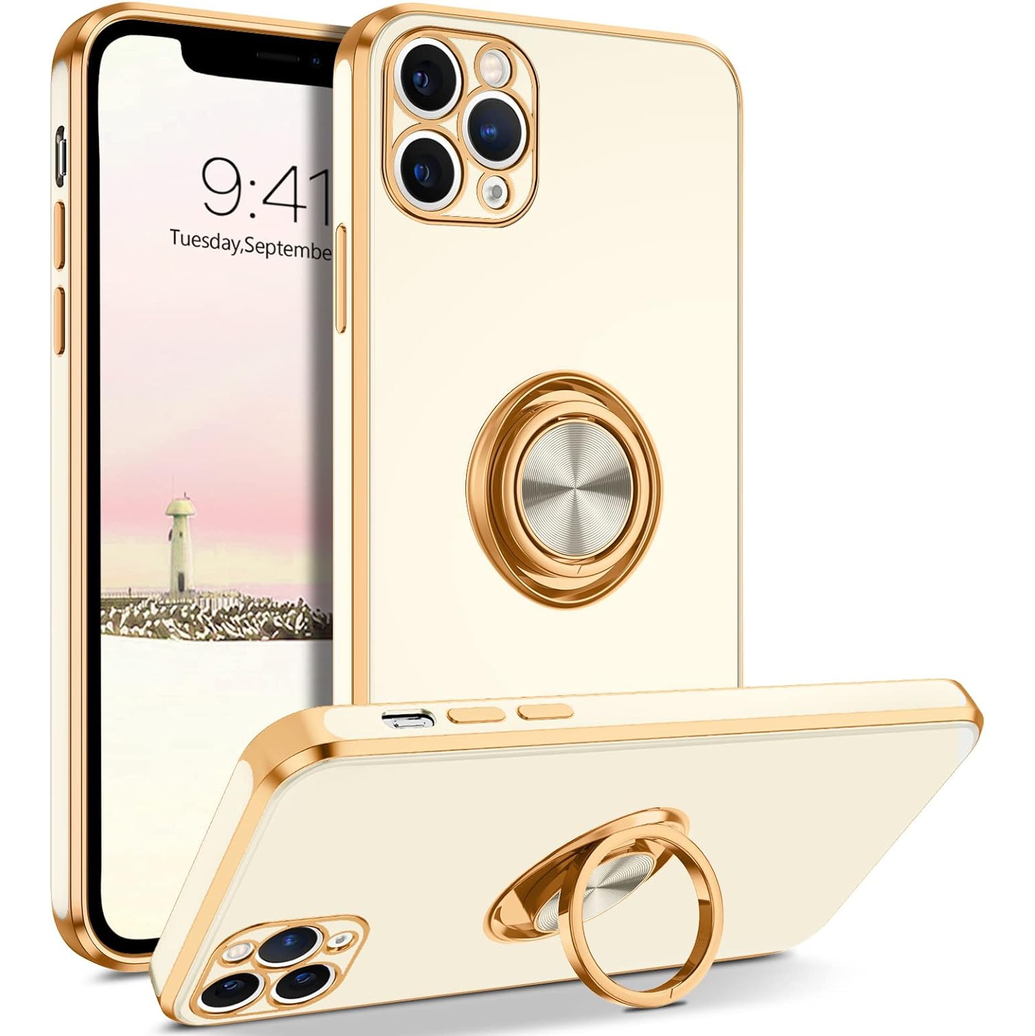 iPhone 11 Pro Max Case, Ring Holder Edge Plating Rotation Kickstand Soft Silicone TPU Bumper Women Girls Slim