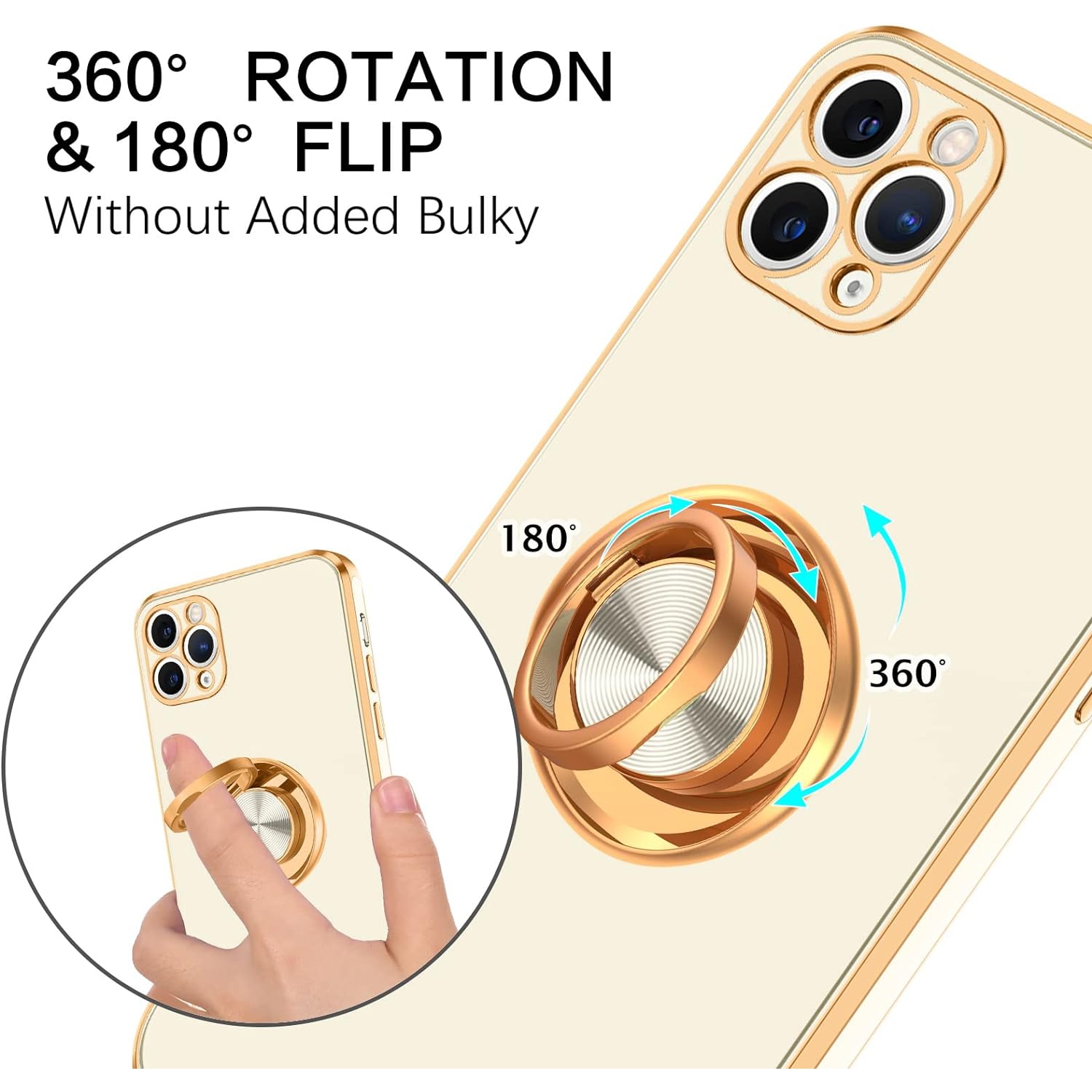 iPhone 11 Pro Max Case, Ring Holder Edge Plating Rotation Kickstand Soft Silicone TPU Bumper Women Girls Slim