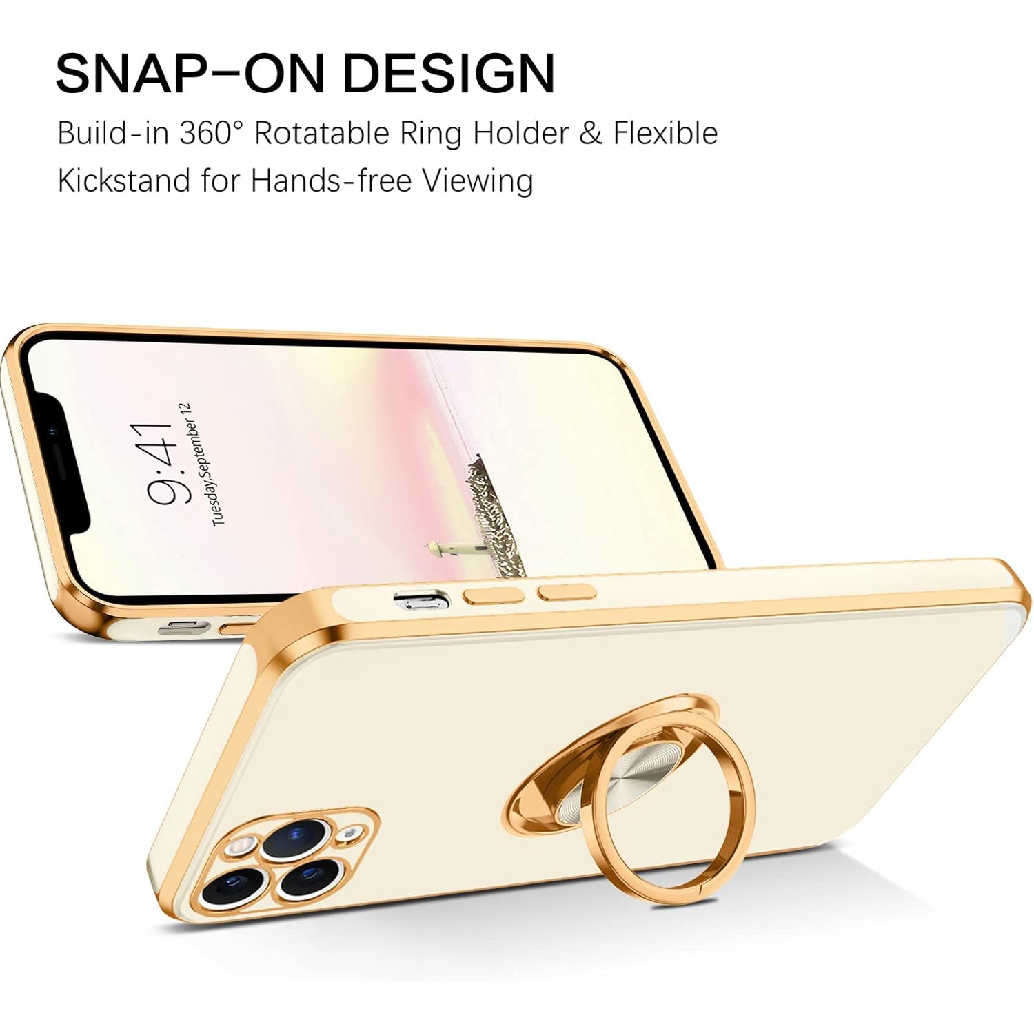 iPhone 11 Pro Max Case, Ring Holder Edge Plating Rotation Kickstand Soft Silicone TPU Bumper Women Girls Slim