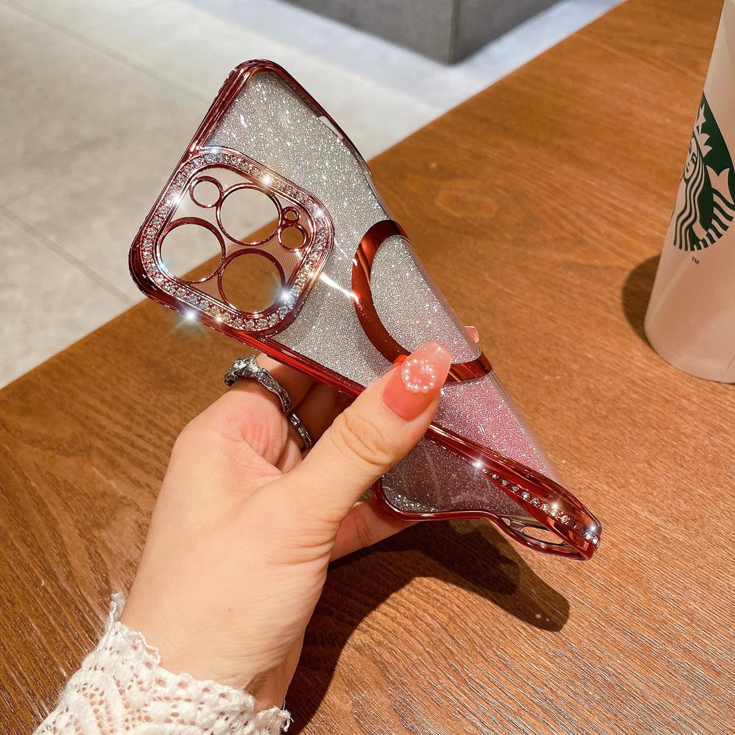 Designed for iPhone 14 Pro Max Magnetic Glitter Case, Luxury Plating Cute Bling Diamond Inlay Phone Cover