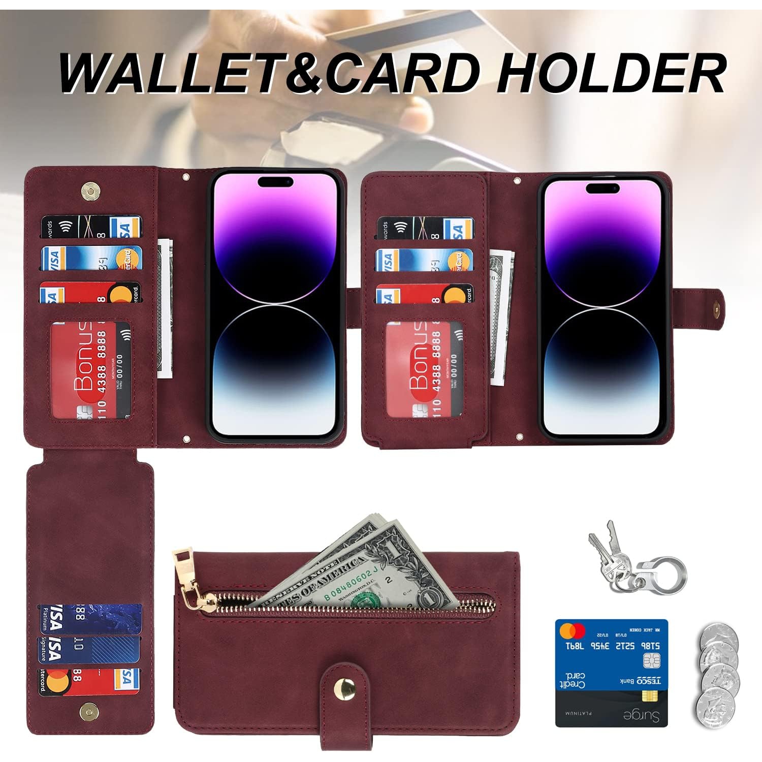 etui iPhone 14 Pro Case Wallet with Card Holder,iPhone 14 Pro Phone case for Women,Flip Crossbody Zipper Wallet