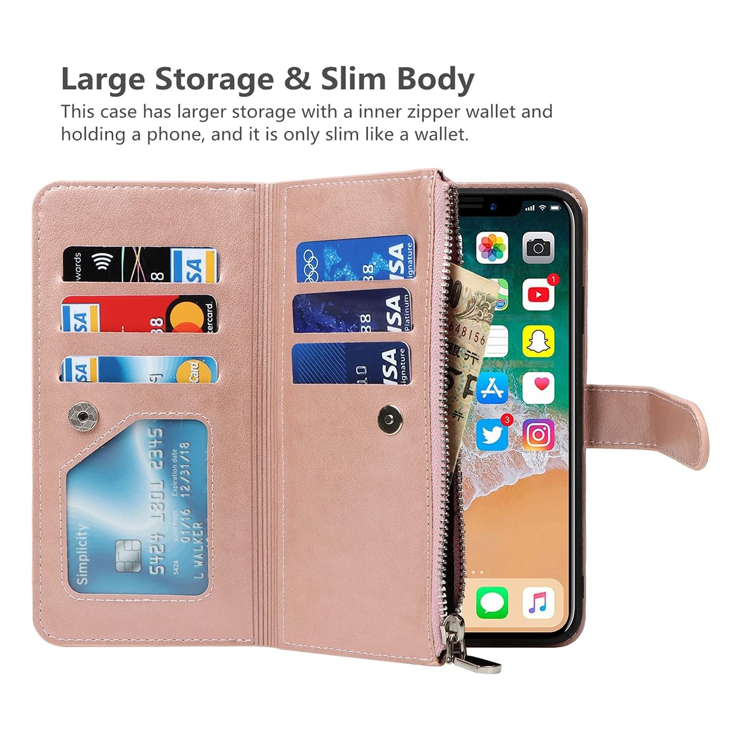 iPhone Xs Max Wallet Case with Card Holder, 2 in 1 PU Leather Case with Magnetic Clasp Zipper Pocket