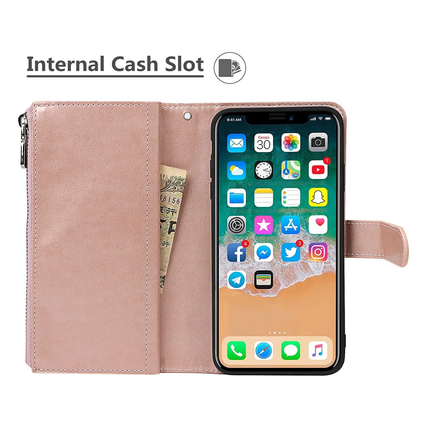 iPhone Xs Max Wallet Case with Card Holder, 2 in 1 PU Leather Case with Magnetic Clasp Zipper Pocket