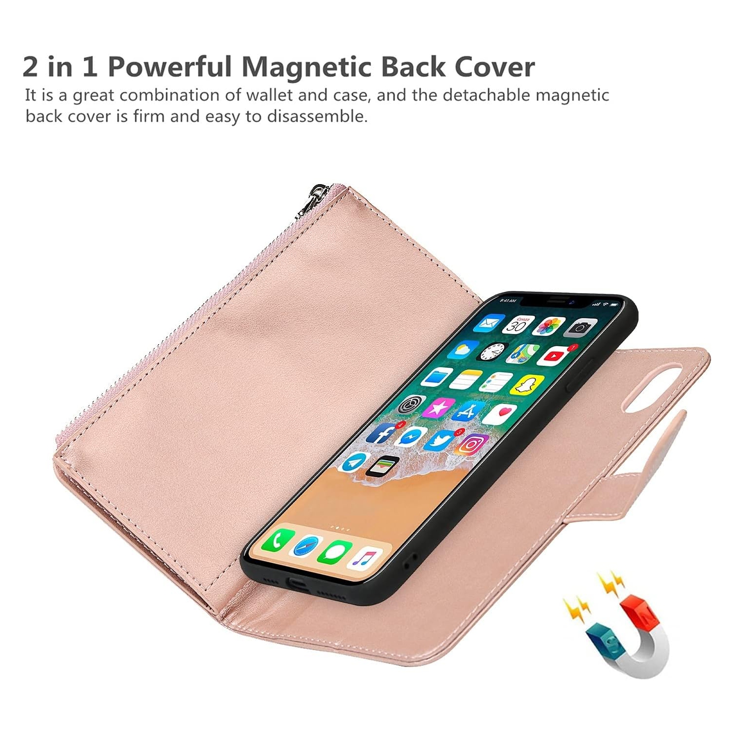 iPhone Xs Max Wallet Case with Card Holder, 2 in 1 PU Leather Case with Magnetic Clasp Zipper Pocket