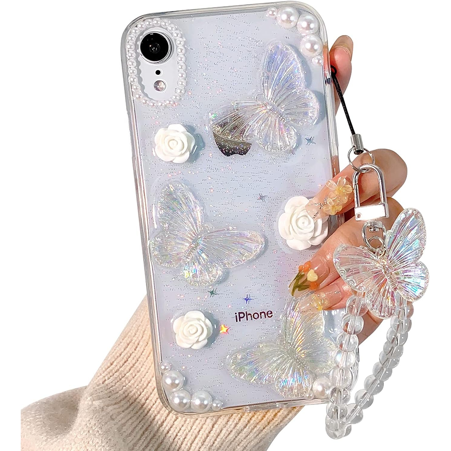 Compatible for iPhone XR Case Clear Cute 3D Glitter Butterfly with Flower Floral Pearl for Girls Women Soft