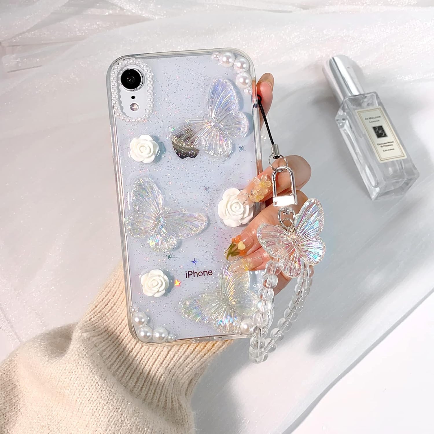 Compatible for iPhone XR Case Clear Cute 3D Glitter Butterfly with Flower Floral Pearl for Girls Women Soft