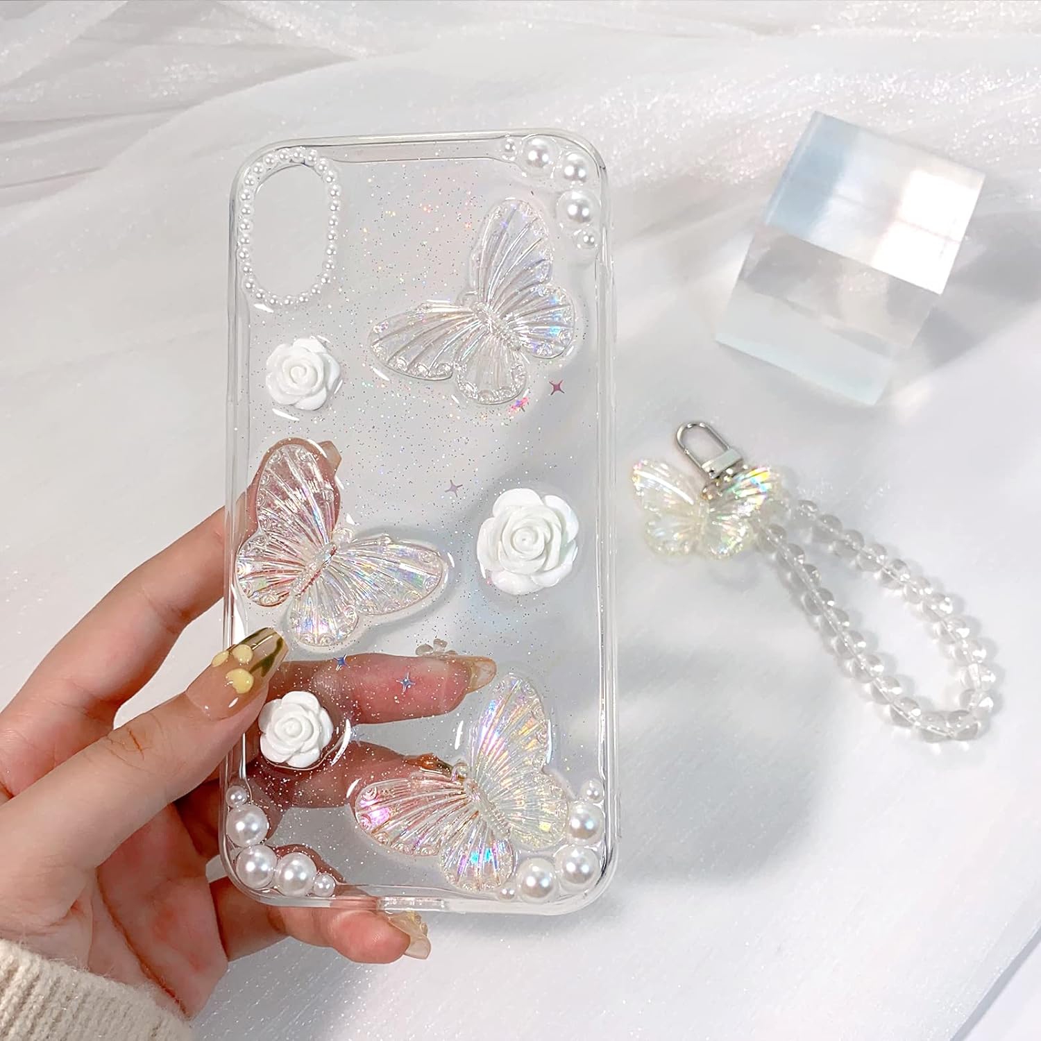 Compatible for iPhone XR Case Clear Cute 3D Glitter Butterfly with Flower Floral Pearl for Girls Women Soft