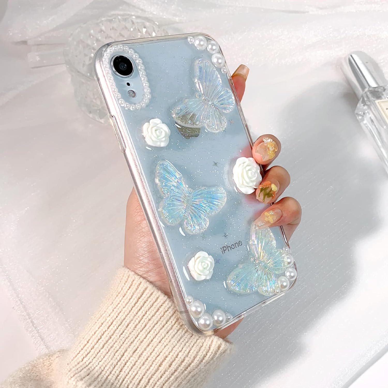 Compatible for iPhone XR Case Clear Cute 3D Glitter Butterfly with Flower Floral Pearl for Girls Women Soft