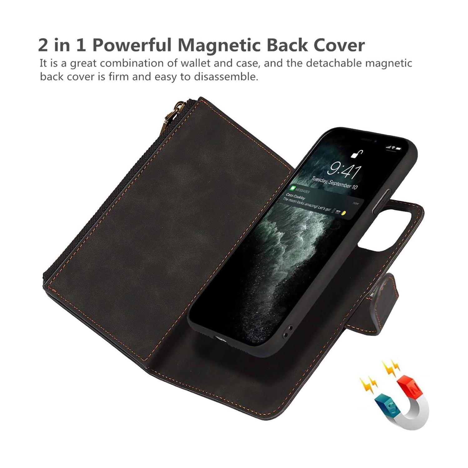 iPhone 11 Pro Wallet Case with Card Holder, 2 in 1 PU Leather Case with Magnetic Clasp Zipper Pocket