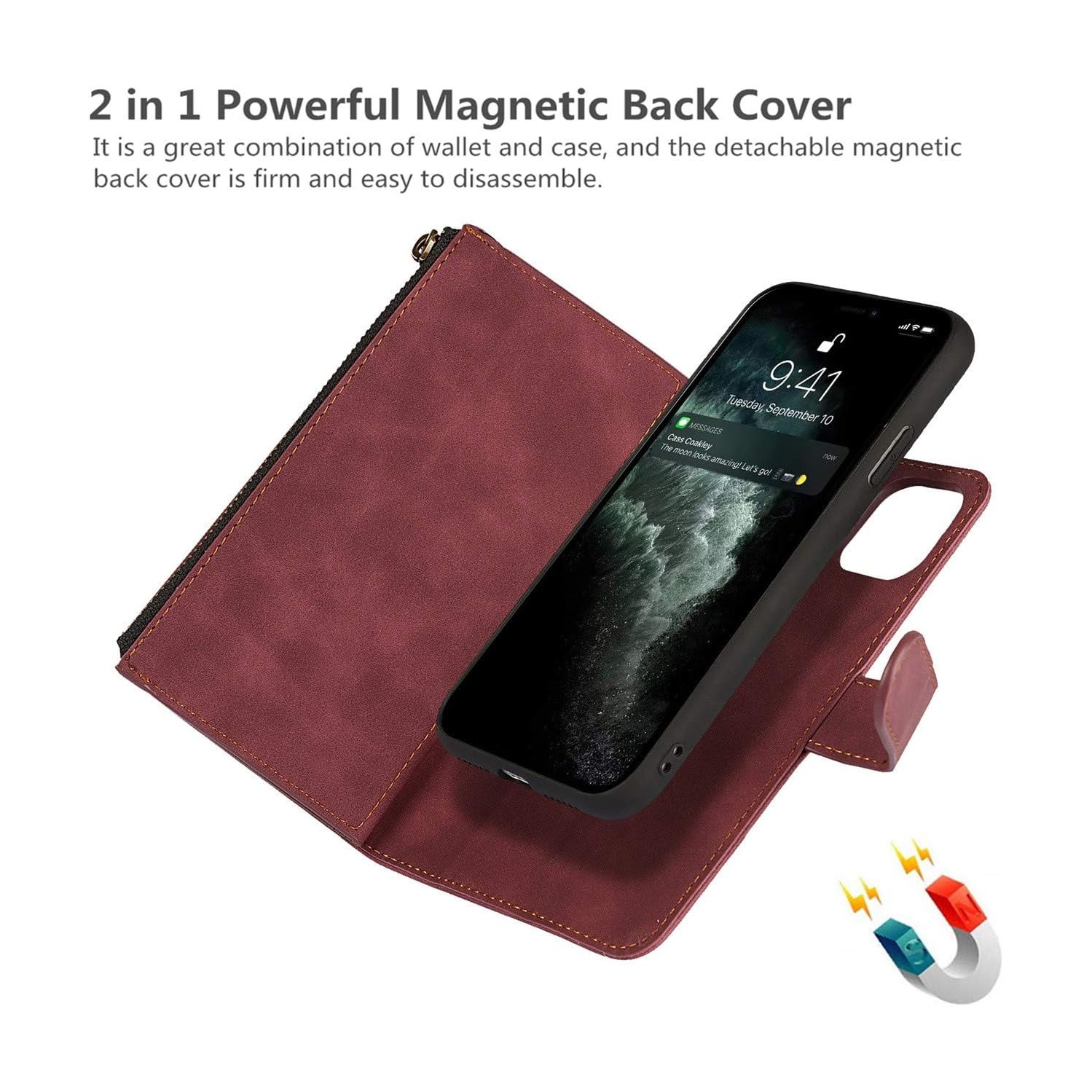 iPhone 11 Pro Wallet Case with Card Holder, 2 in 1 PU Leather Case with Magnetic Clasp Zipper Pocket