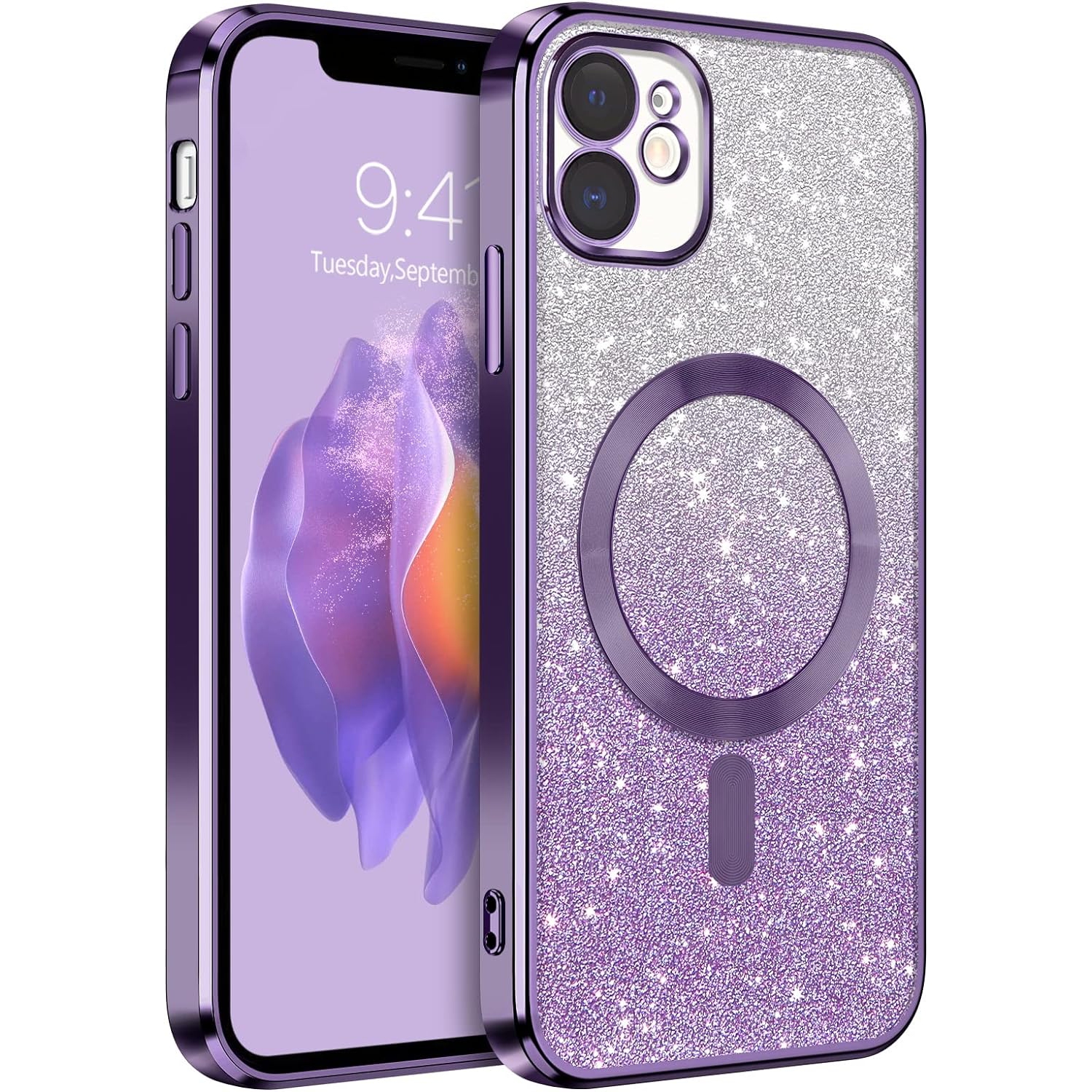 Étui iPhone 11, étui magnétique pour téléphone compatible avec MagSafe Cute Glitter Bling Protection de l'objectif d'appareil photo