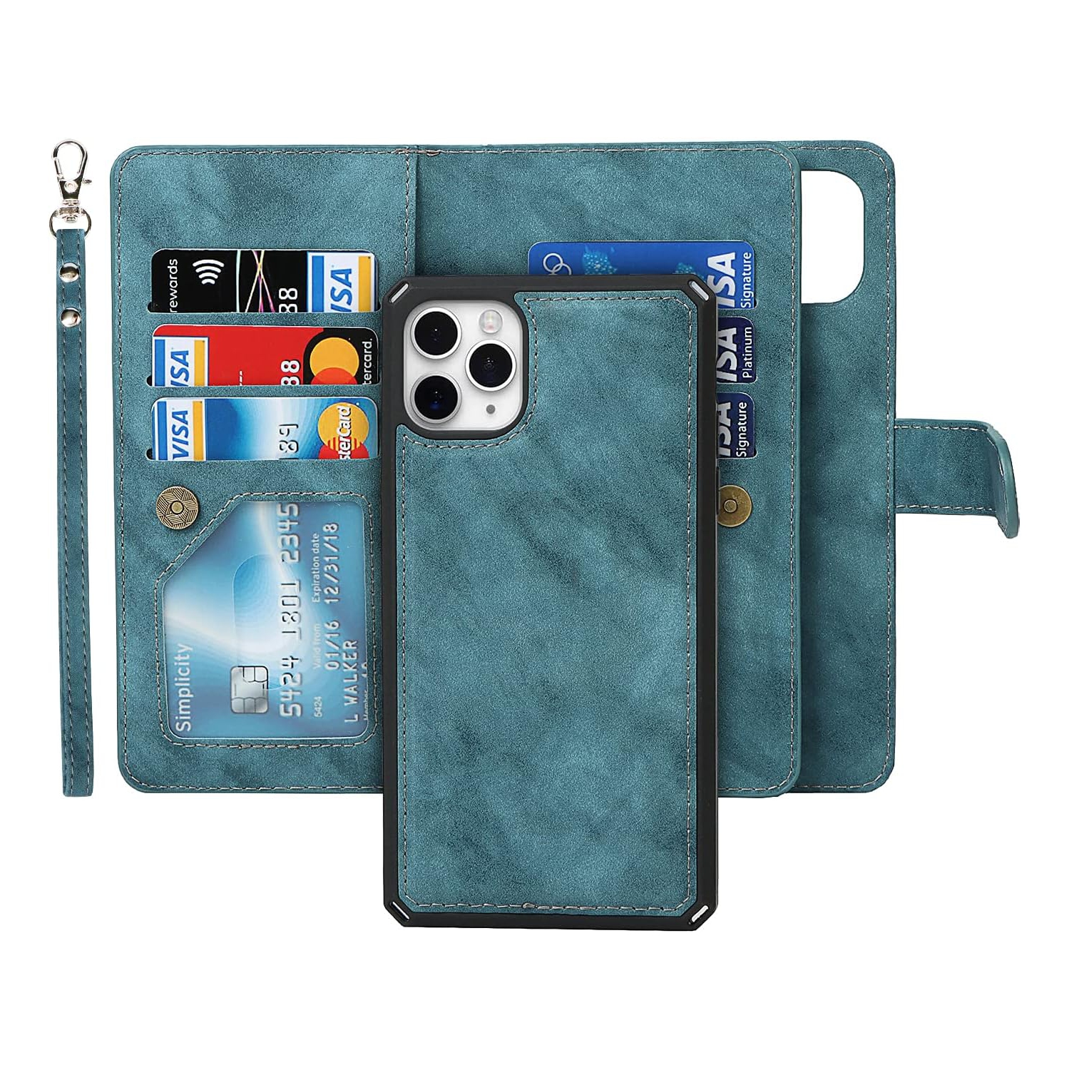 for iPhone 11 Pro Wallet Case with Card Holder and Wrist Strap, PU Leather Kickstand Card Slots Magnetic