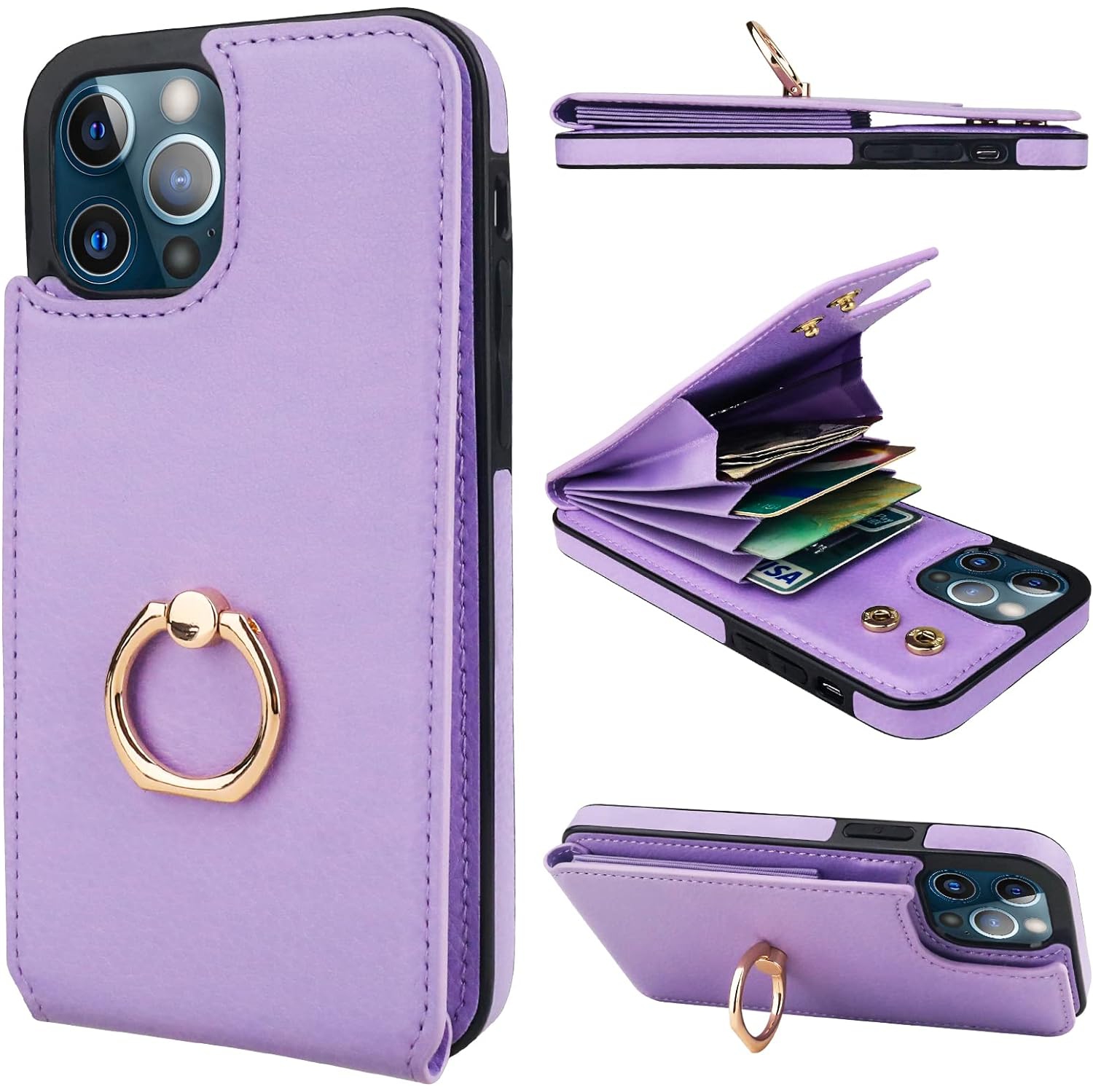 Compatible with iPhone 12/12 Pro Case Wallet with Card Holder, 360°Rotation Finger Ring Holder Kickstand