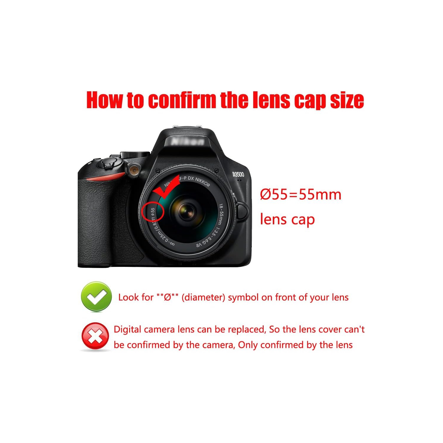 D3500 Lens Cap Compatible for Nikon D3500 D5600 w/AF-P 18-55mm, Compatible for Sony DSC-HX400 HX300 (2 Pack)