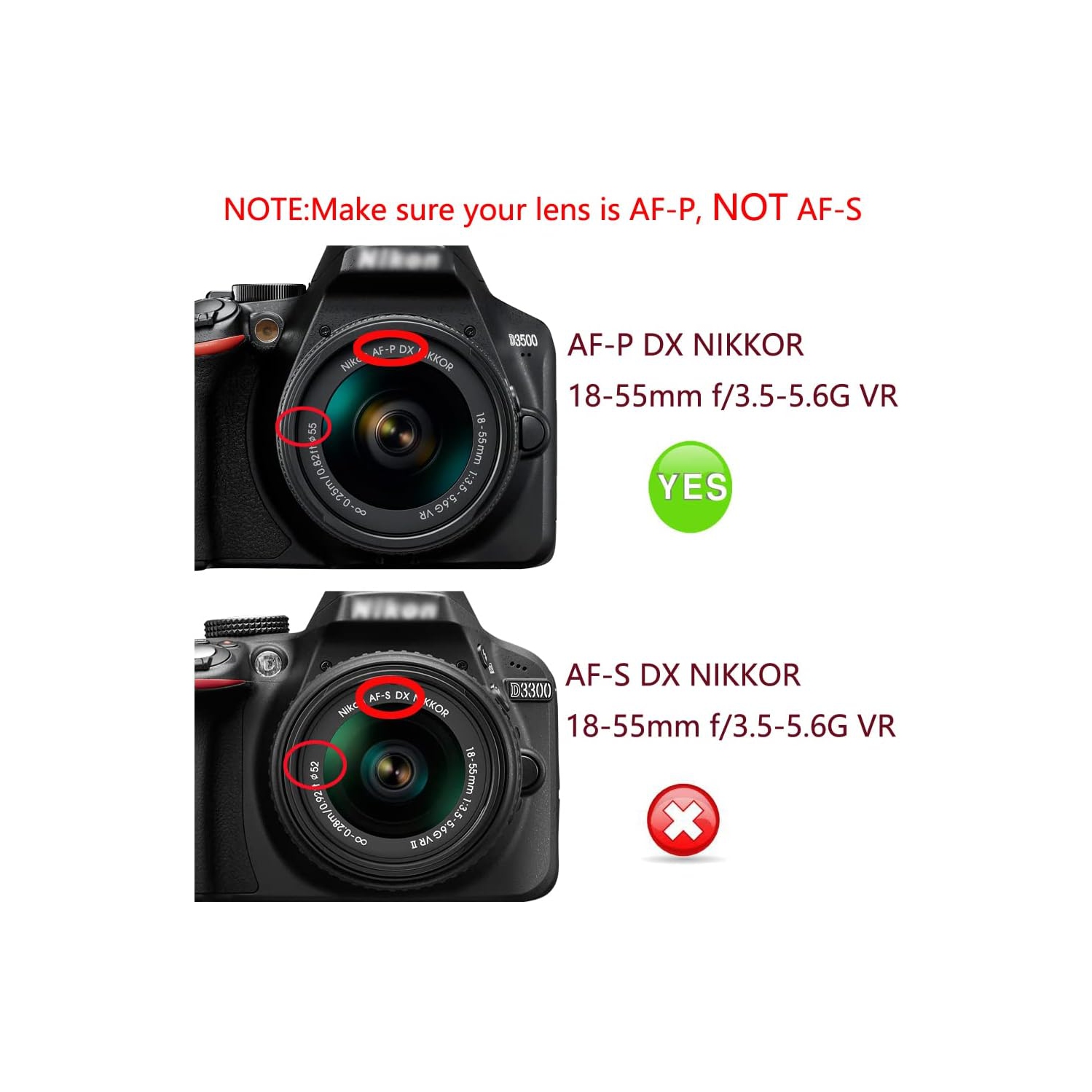 D3500 Lens Cap Compatible for Nikon D3500 D5600 w/AF-P 18-55mm, Compatible for Sony DSC-HX400 HX300 (2 Pack)