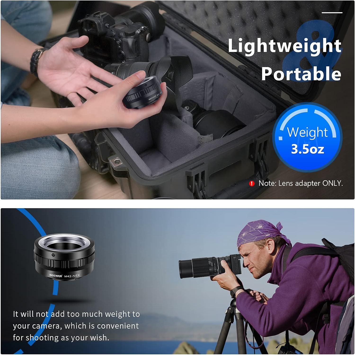 Adaptateur de monture d'objectif pour appareil photo à monture E NEX de M42&nbsp;mm de Sony, compatible avec les modèles A7 A7S/A7SII A7R/A7RII A7II