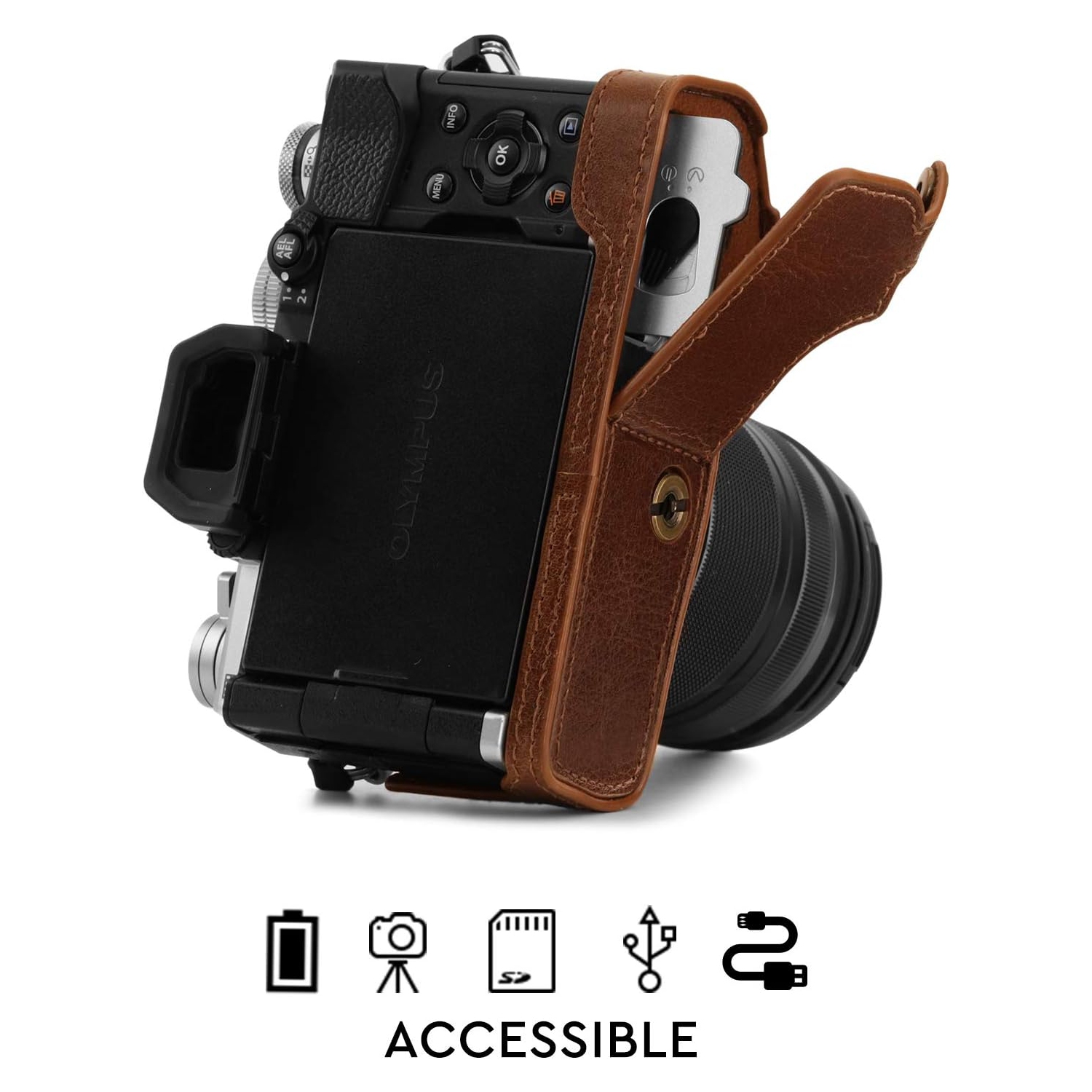 Ever Ready Genuine Leather Camera Half Case Compatible with Olympus OM-D E-M5 Mark III
