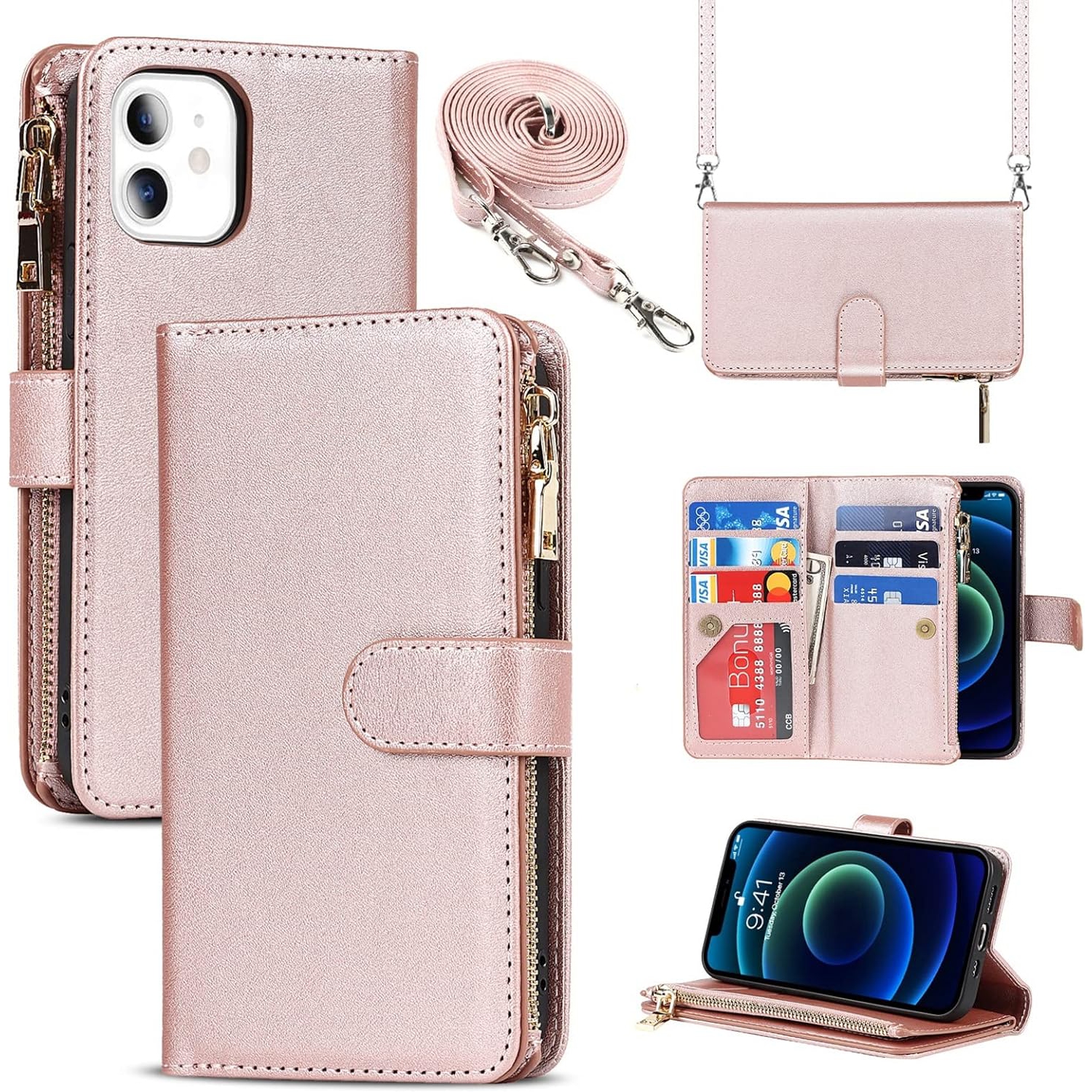 iPhone 12 Mini Phone Case Wallet for Women with Credit Card Holder,iPhone 12 Mini Crossbody Case with Strap