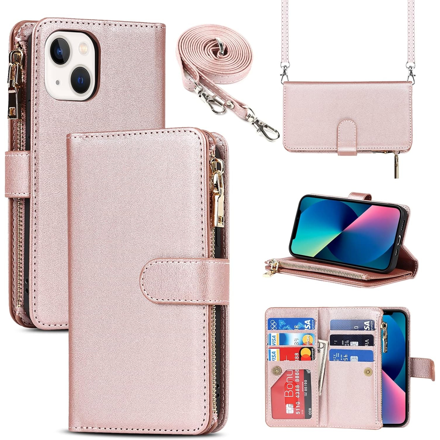 Compatible with iPhone 13 Mini Wallet Case,[9 Card Slots] Removable Adjustable Crossbody Necklace Lanyard