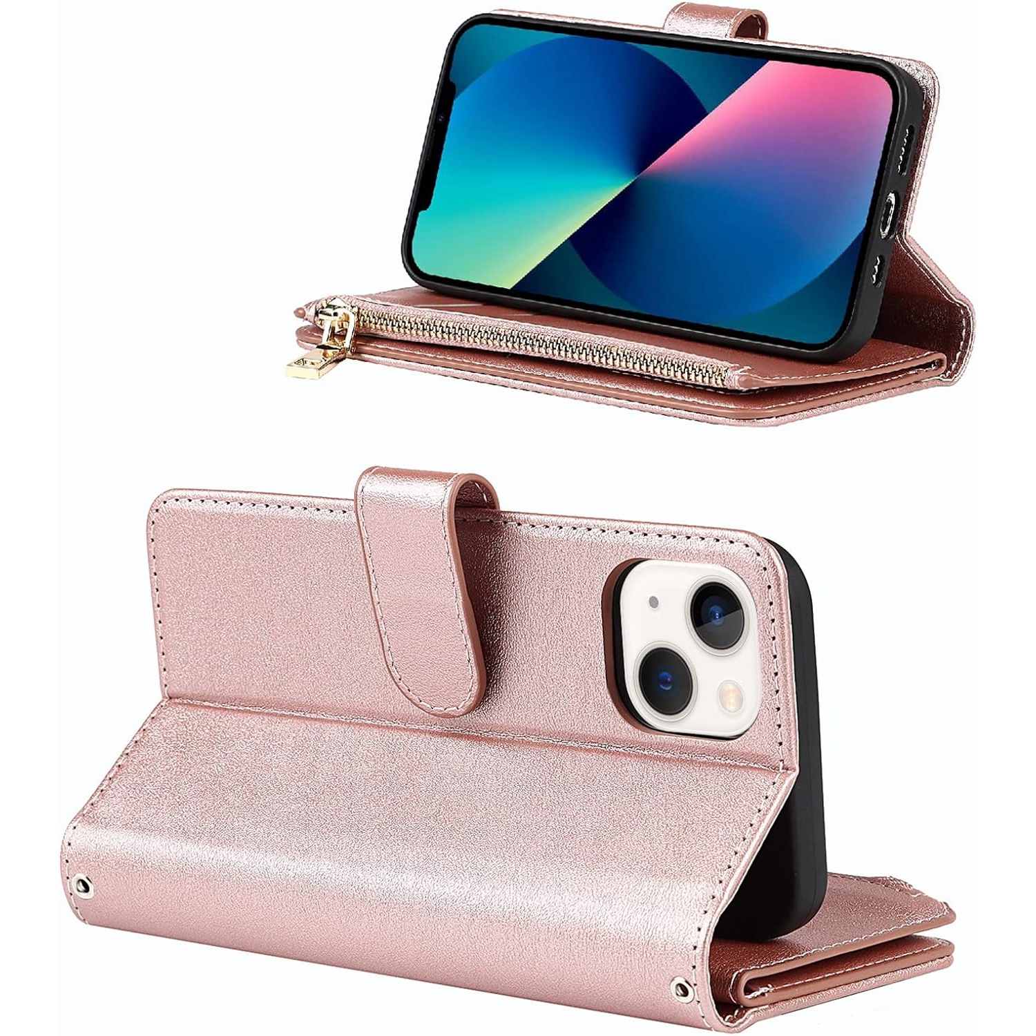 Compatible with iPhone 13 Mini Wallet Case,[9 Card Slots] Removable Adjustable Crossbody Necklace Lanyard