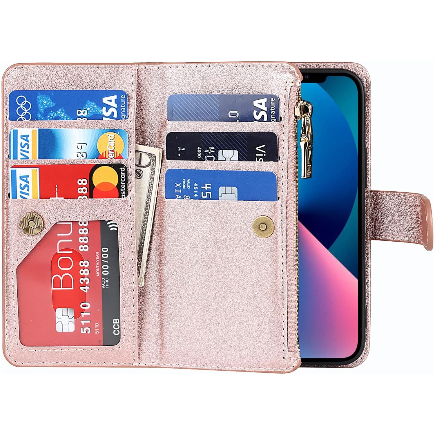 Compatible with iPhone 13 Mini Wallet Case,[9 Card Slots] Removable Adjustable Crossbody Necklace Lanyard