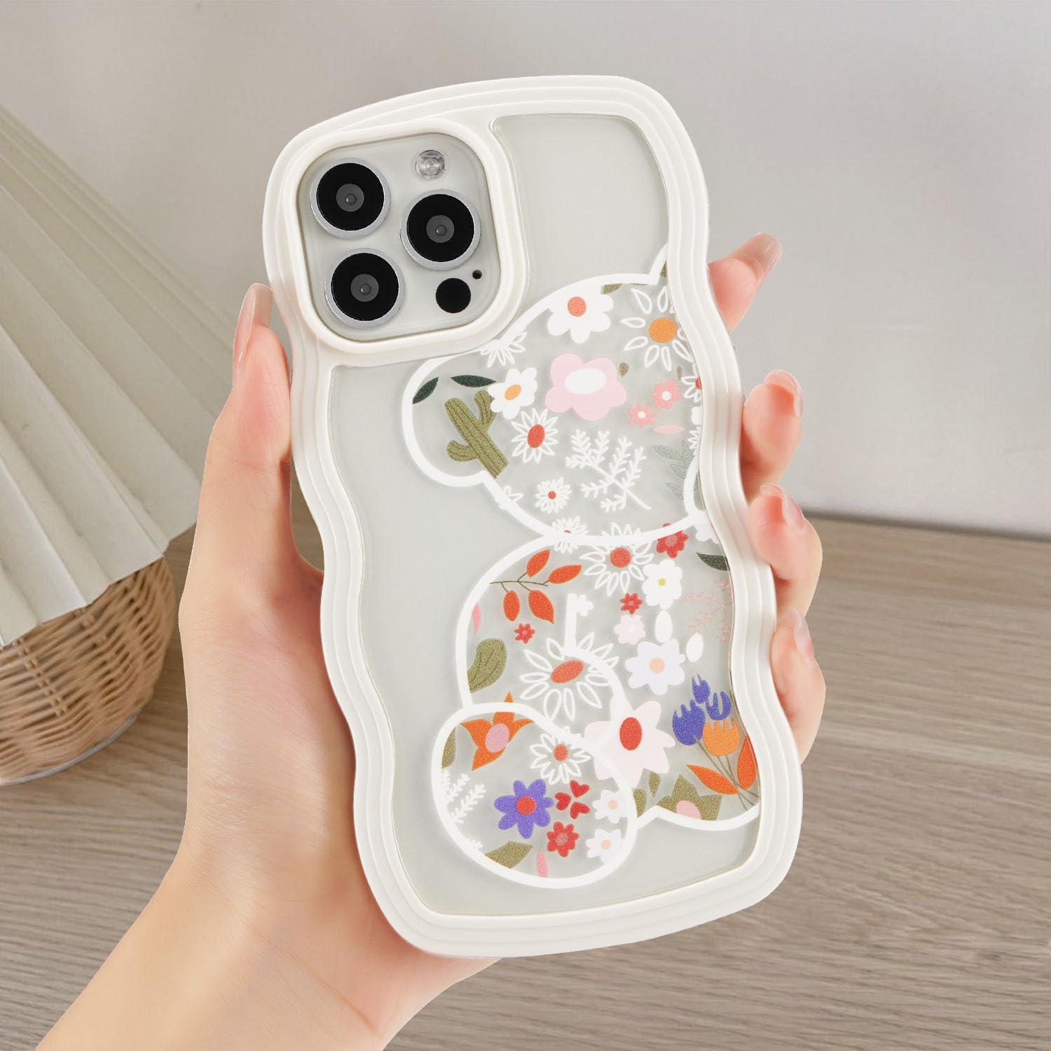 Compatible with iPhone 13/14 Case, Cute Curly Wave Frame Clear Case with Bear Floral Flowers for Girls Women,
