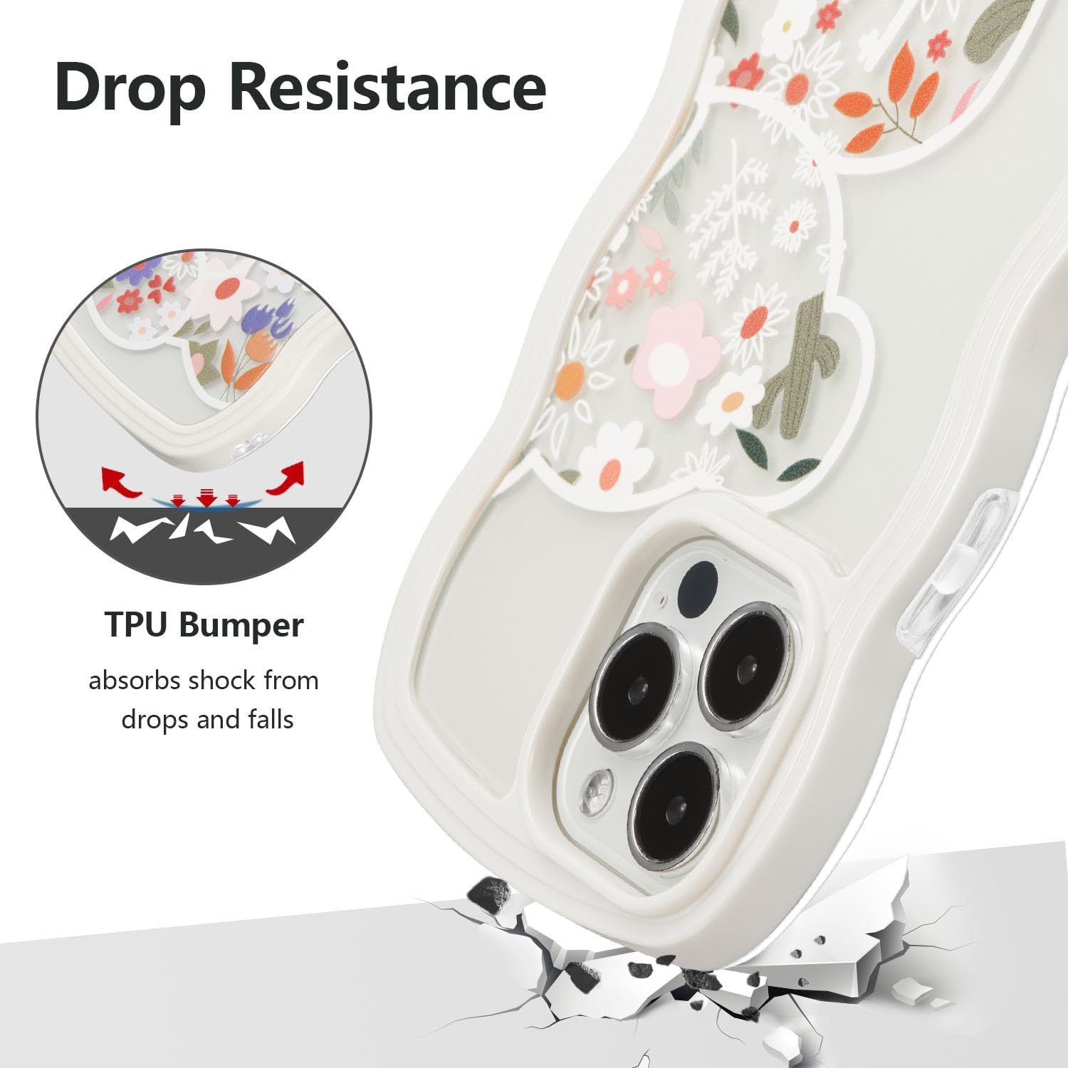 Compatible with iPhone 13/14 Case, Cute Curly Wave Frame Clear Case with Bear Floral Flowers for Girls Women,