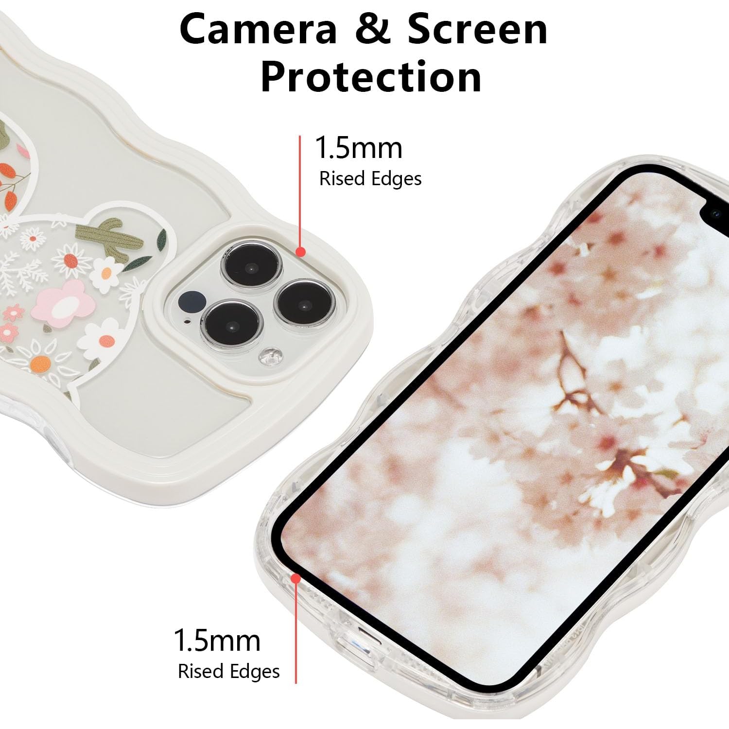 Compatible with iPhone 13/14 Case, Cute Curly Wave Frame Clear Case with Bear Floral Flowers for Girls Women,