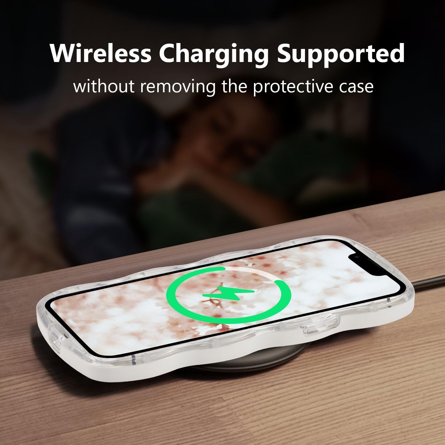 Compatible with iPhone 13/14 Case, Cute Curly Wave Frame Clear Case with Bear Floral Flowers for Girls Women,