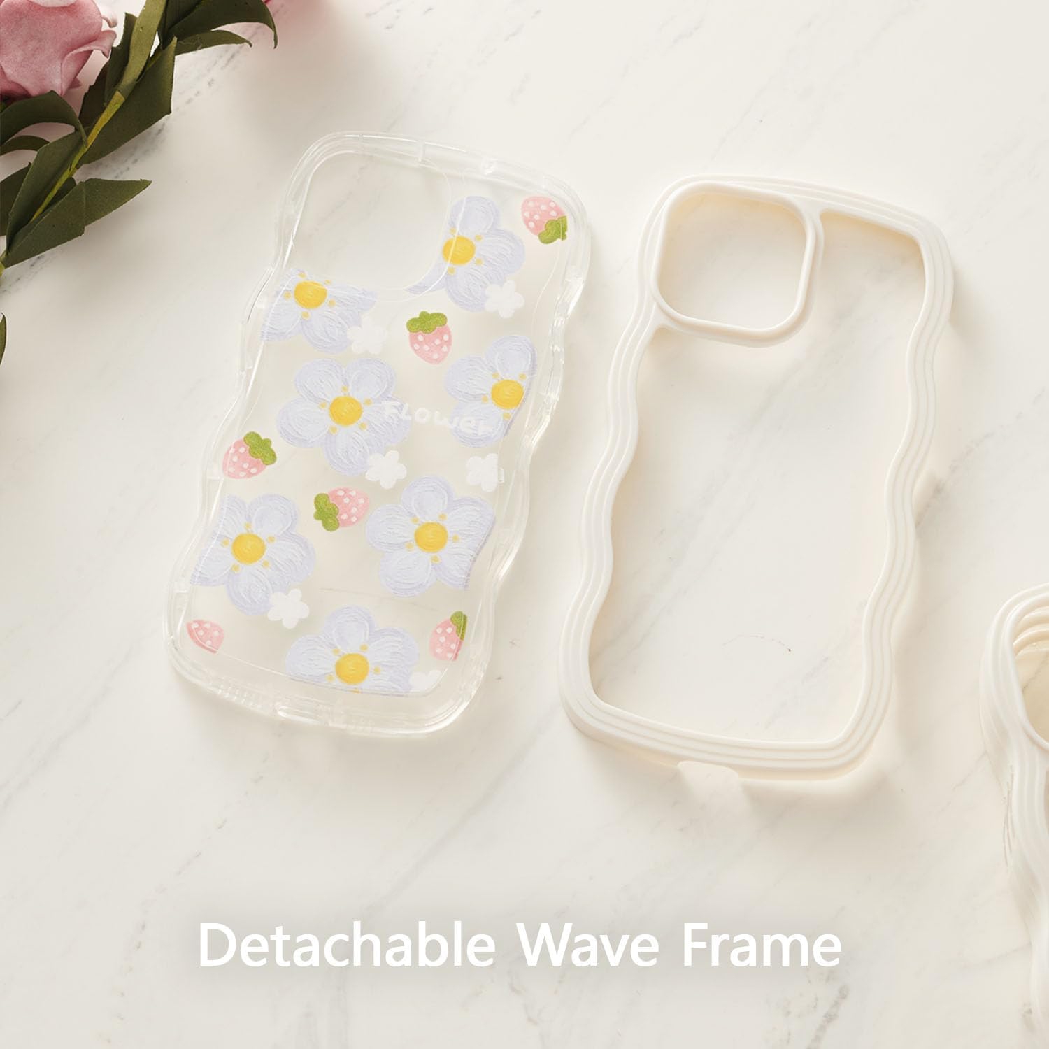 Compatible with iPhone 13/14 Case, Cute Curly Wave Frame Clear Case with Bear Floral Flowers for Girls Women,