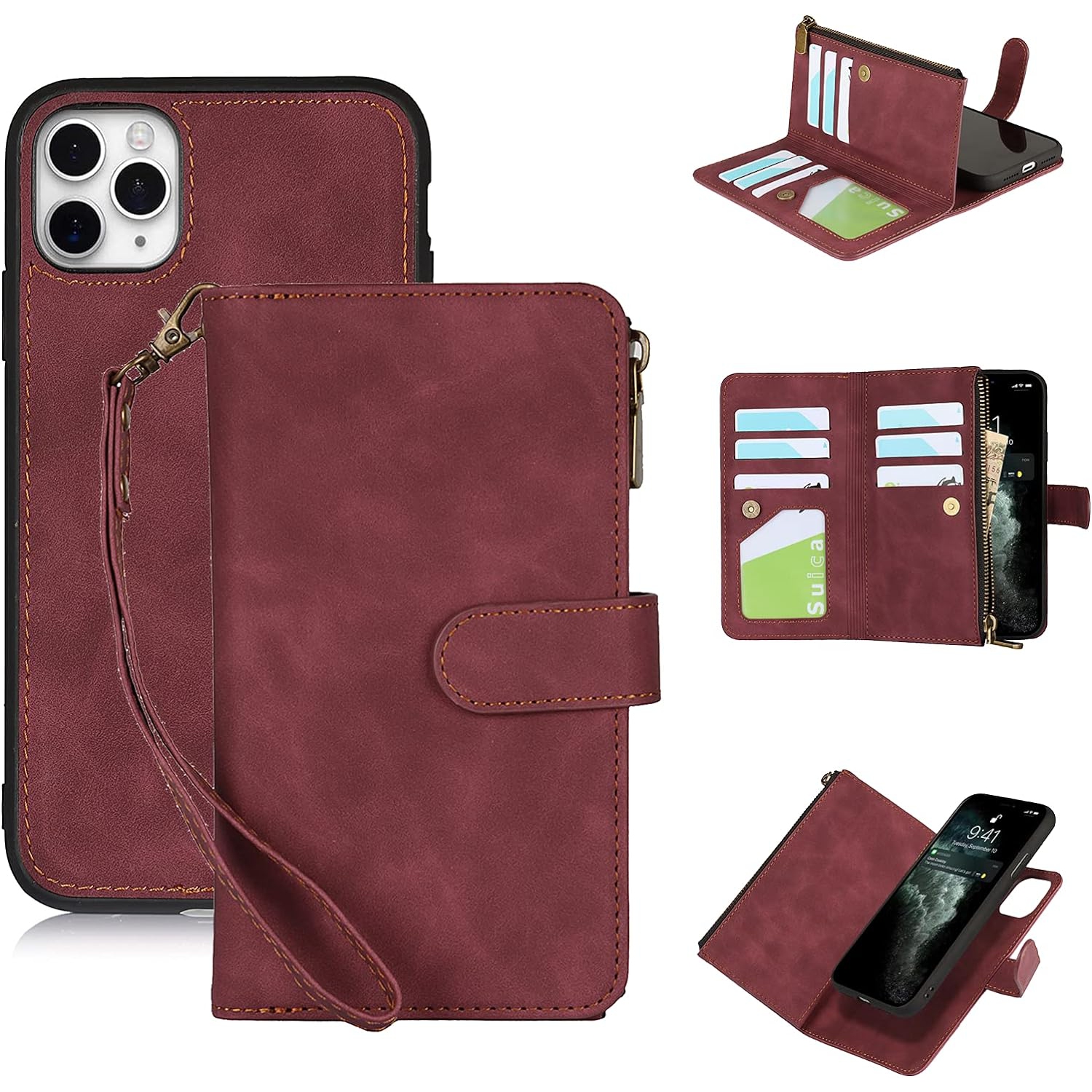 for iPhone 11 Pro Wallet Case,2 in 1 Detachable Flip Wallet Case with Zipper [Premium Leather][6 Card