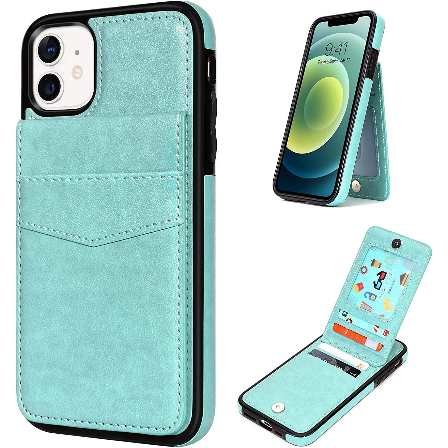 iPhone 12 Wallet Case, iPhone 12 Pro Case with Card Holder Slots PU Leather Kickstand Magnetic Lock Durable